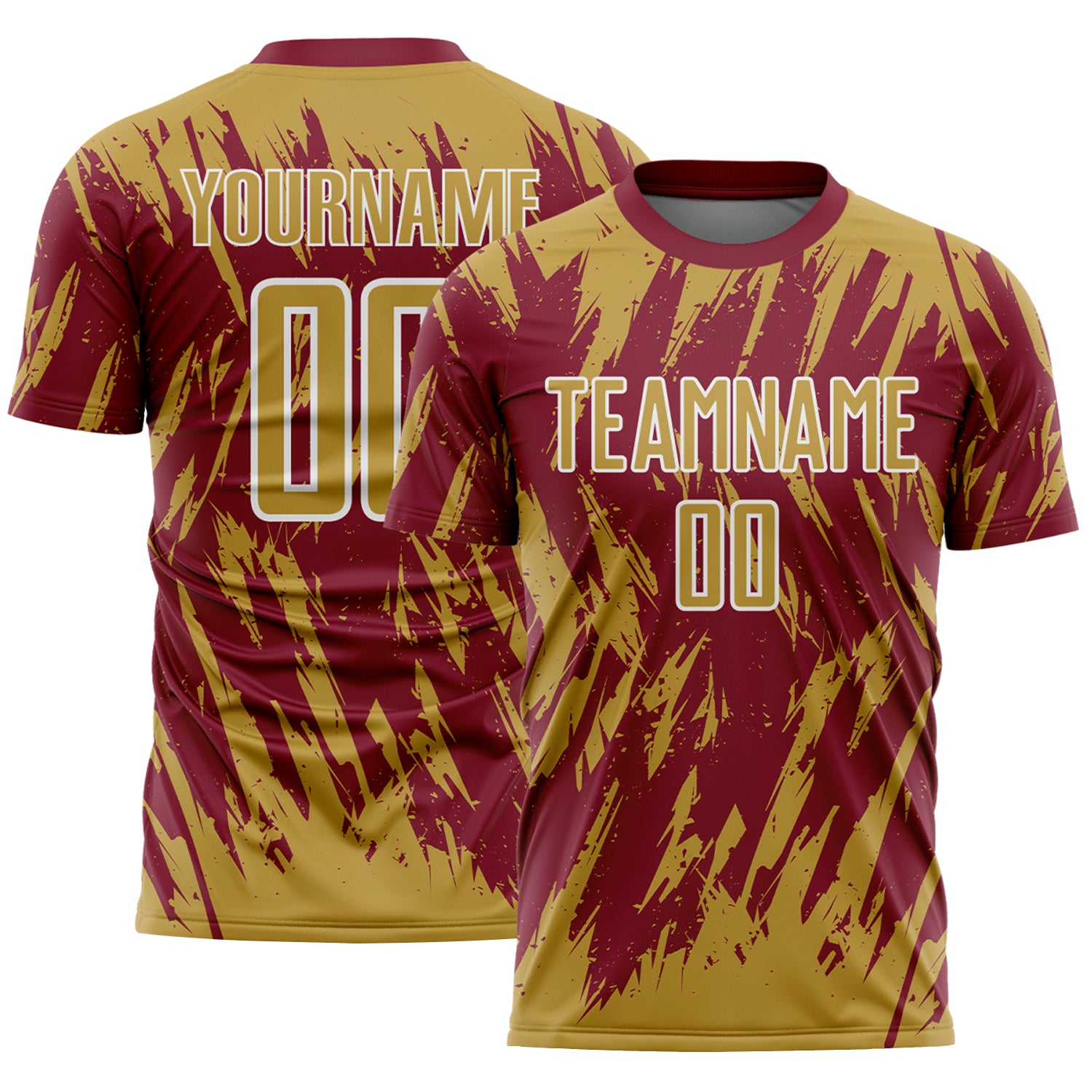 Custom Crimson Old Gold-White Splatter Torn Sharp Brush Stroke Sublimation Soccer Uniform Jersey