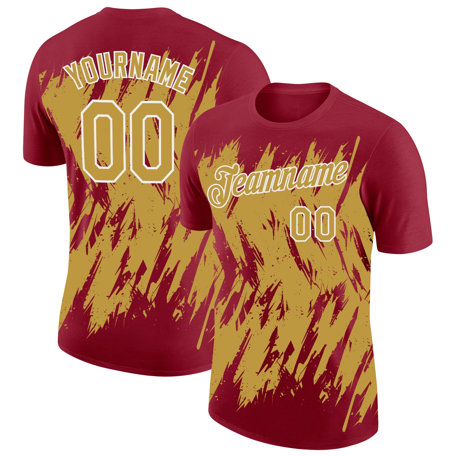 Custom Crimson Old Gold-White Torn Sharp Brush Stroke Splatter Performance T-Shirt