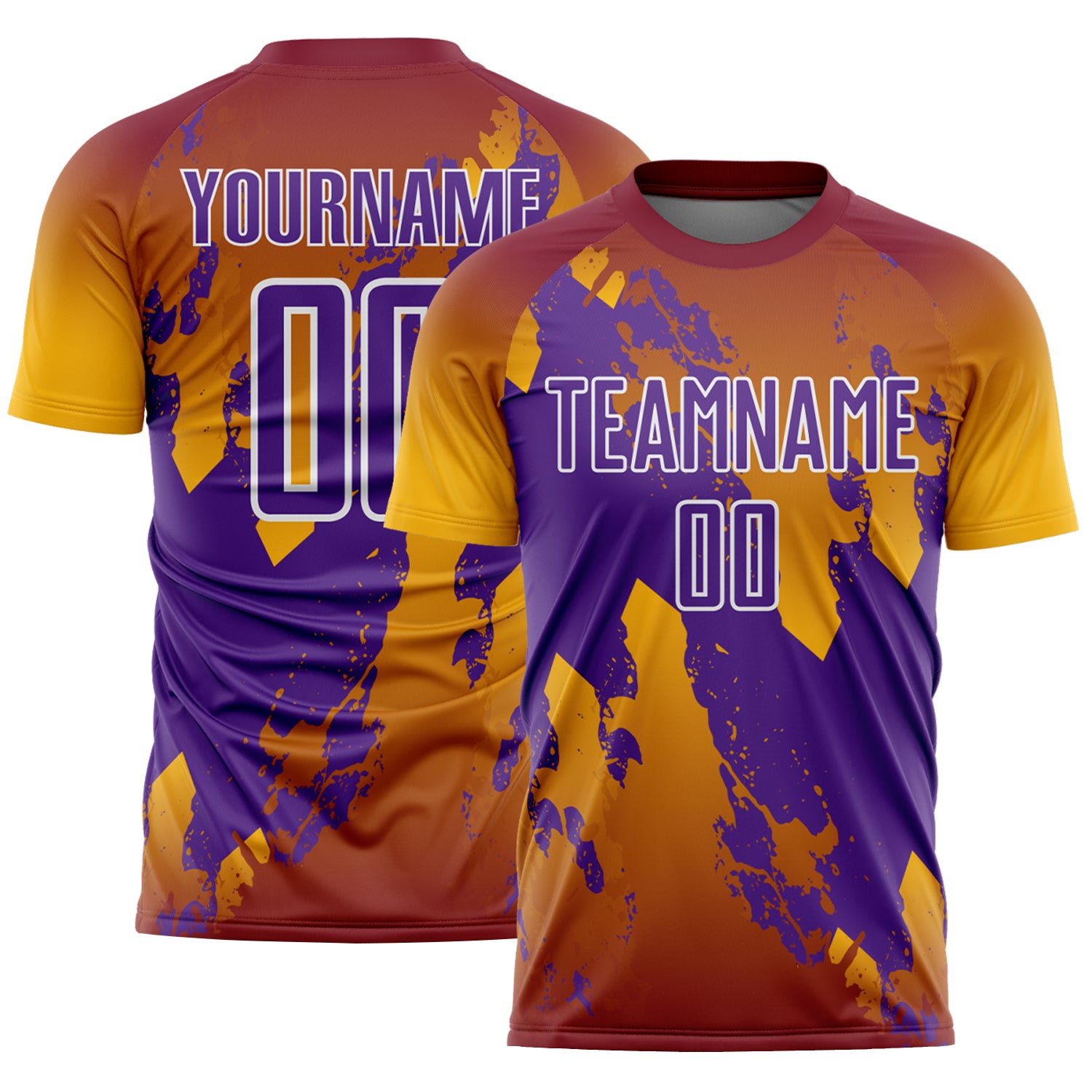 Custom Crimson Purple Gold-White Gradient Splash Sublimation Soccer Uniform Jersey