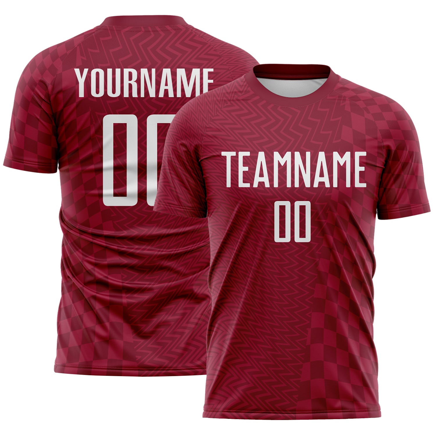 Custom Crimson-White Geometric Patchwork Asymmetry Checkered Zigzag Lines Sublimation Soccer Uniform Jersey