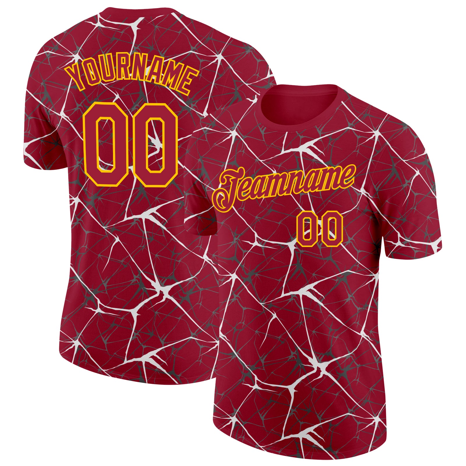 Custom Crimson White Gray-Yellow Abstract Network Crackle Performance T-Shirt