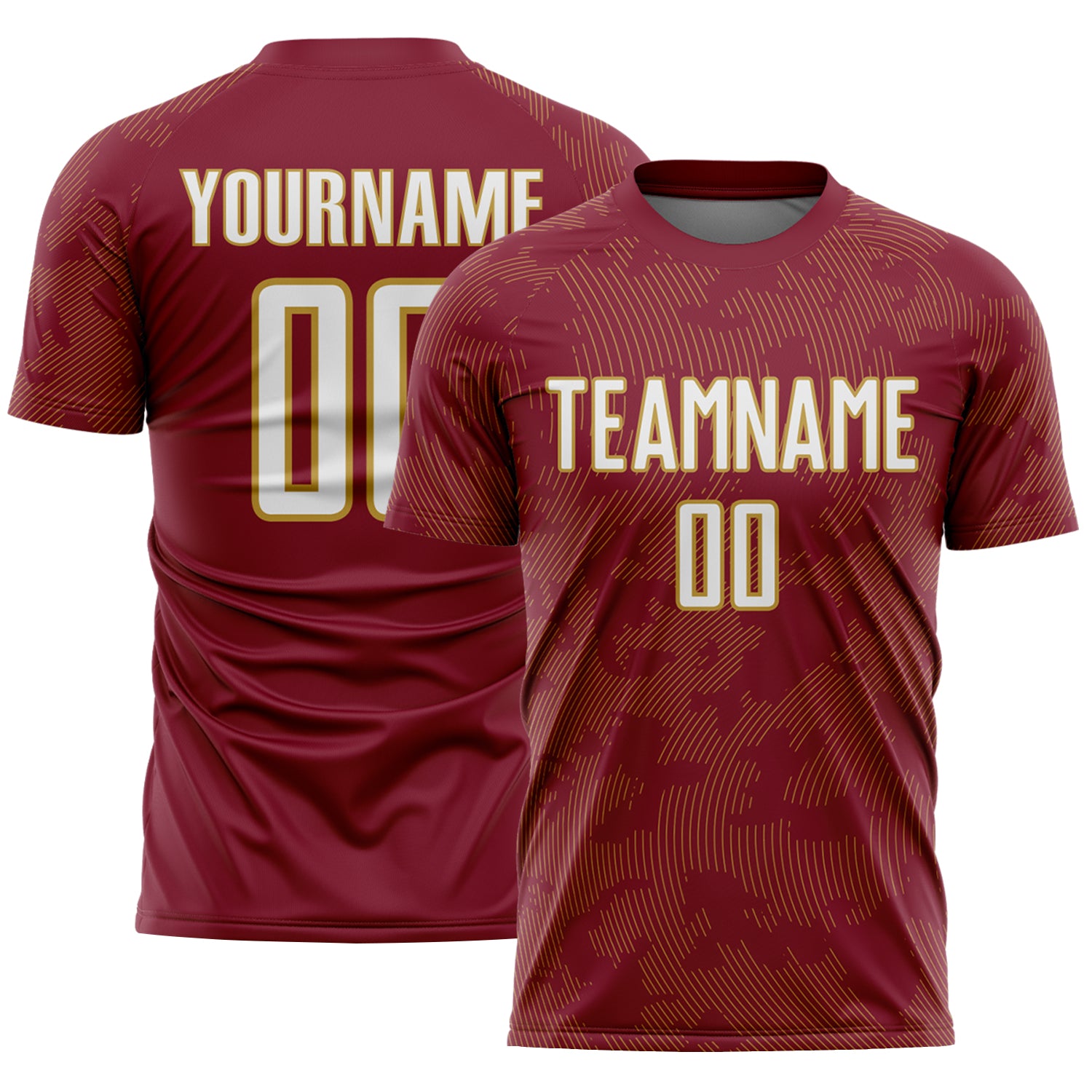 Custom Crimson White-Old Gold Curve Lines Sublimation Soccer Uniform Jersey