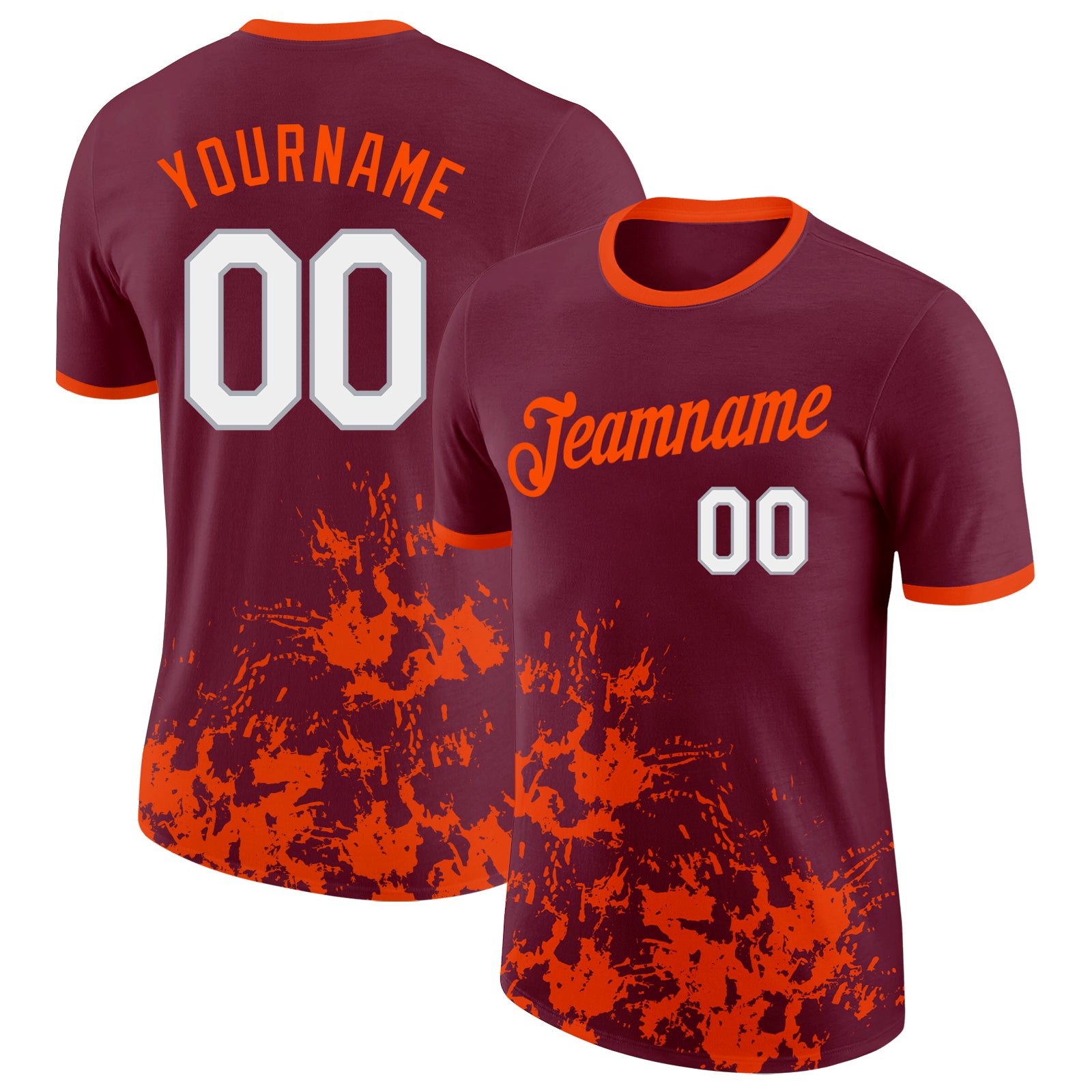 Custom Crimson White Orange-Gray Brush Stroke Splatter Performance T-Shirt