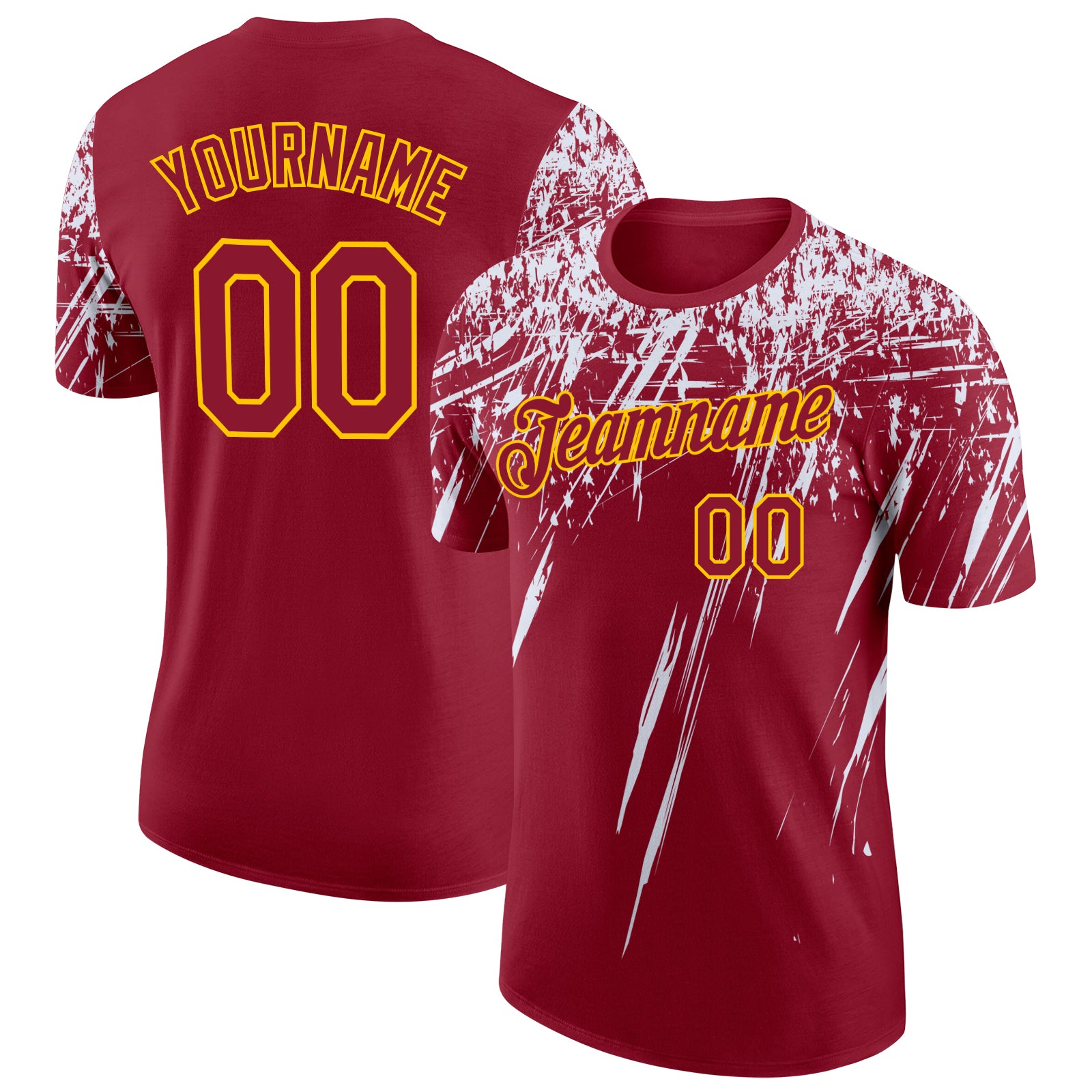 Custom Crimson White-Yellow Distressed Scratch Brush Stroke Performance T-Shirt
