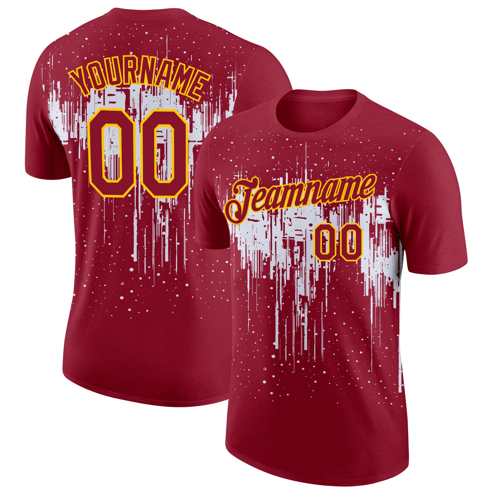 Custom Crimson White-Yellow Dripping Splatter Paint Performance T-Shirt