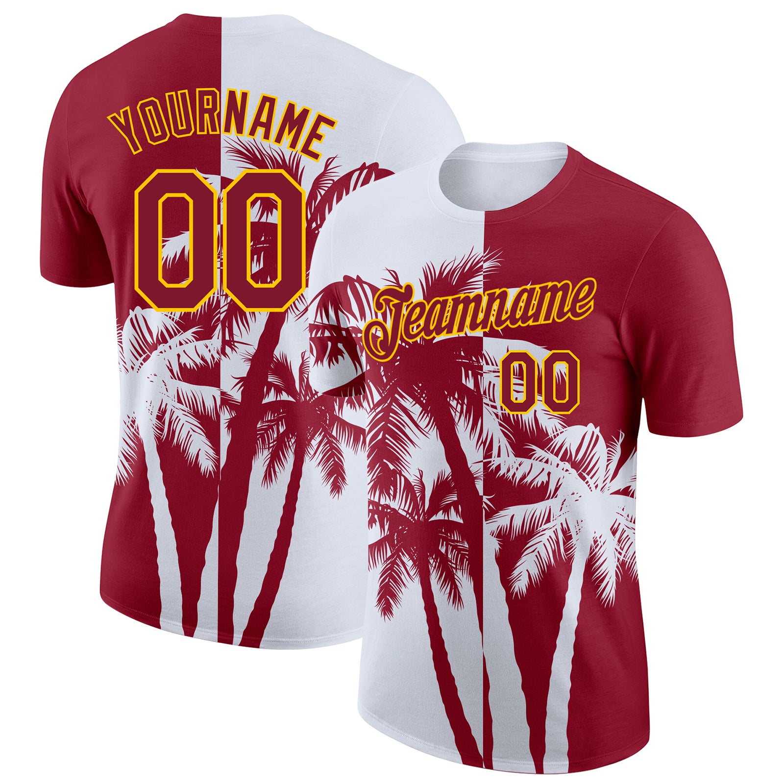 Custom Crimson White-Yellow Hawaii Tropical Coastal Palm Trees Performance T-Shirt