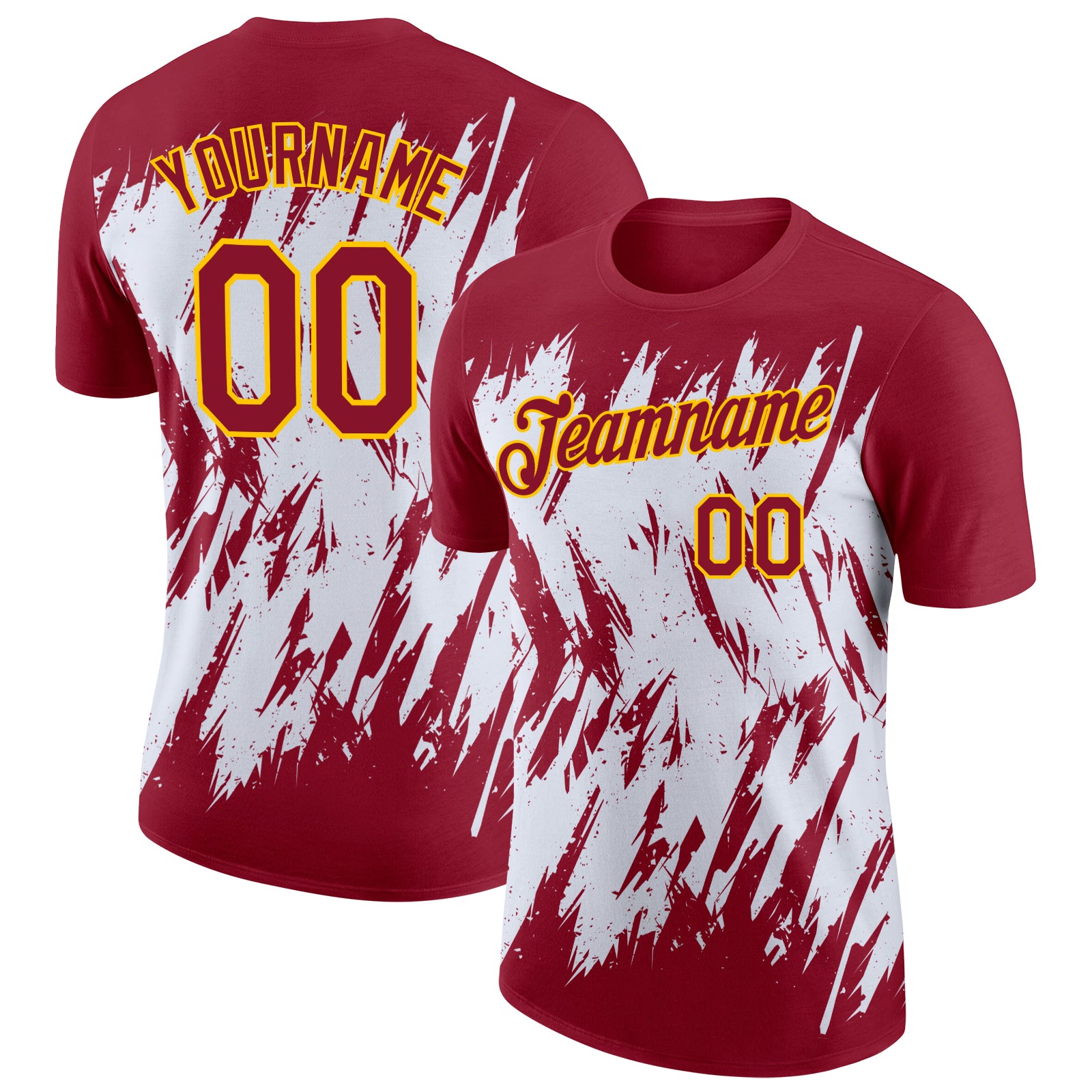 Custom Crimson White-Yellow Torn Sharp Brush Stroke Splatter Performance T-Shirt