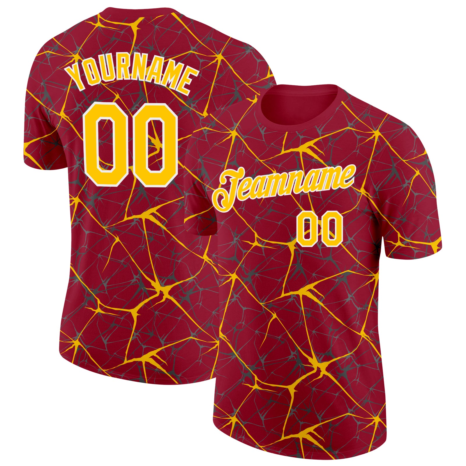 Custom Crimson Yellow Gray-White Abstract Network Crackle Performance T-Shirt