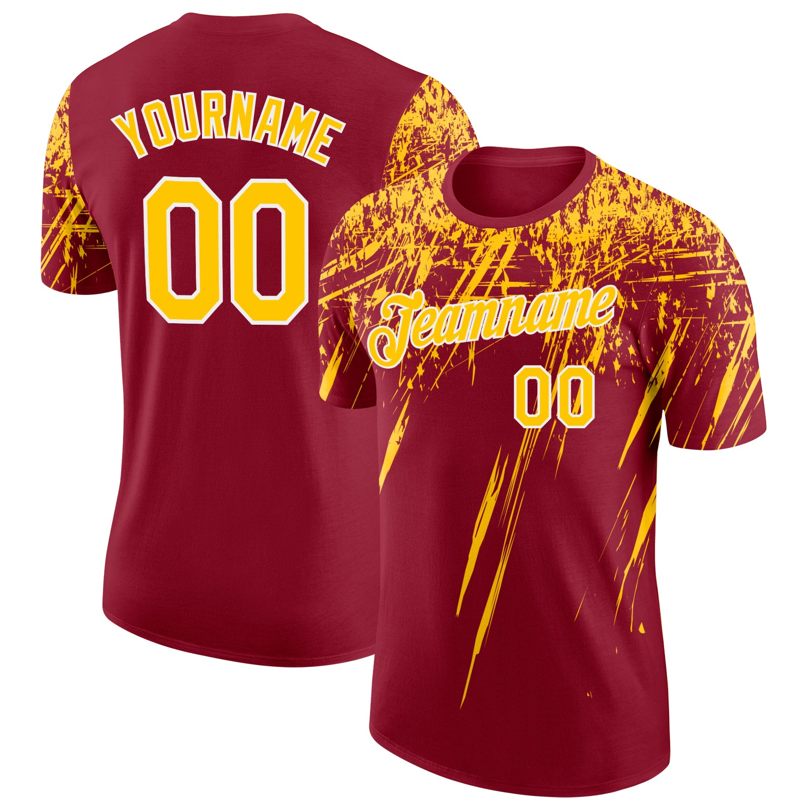 Custom Crimson Yellow-White Distressed Scratch Brush Stroke Performance T-Shirt