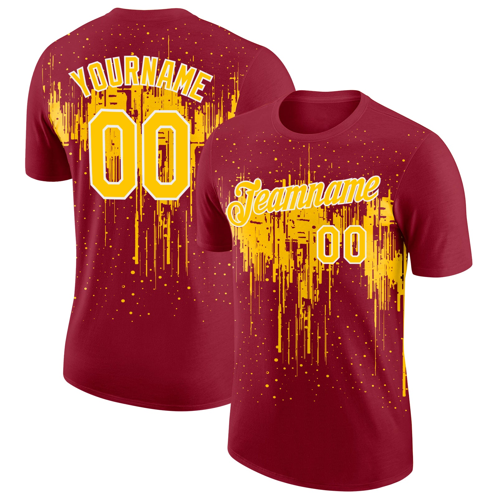 Custom Crimson Yellow-White Dripping Splatter Paint Performance T-Shirt