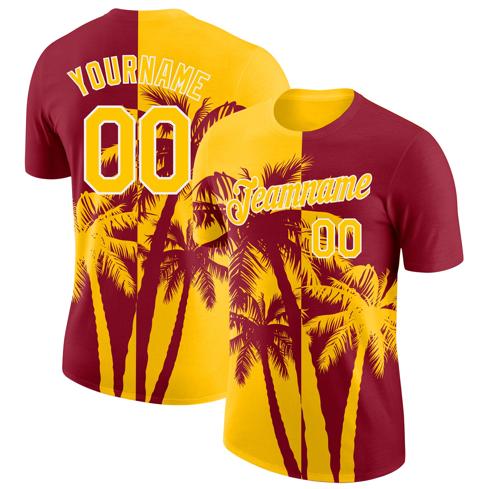 Custom Crimson Yellow-White Hawaii Tropical Coastal Palm Trees Performance T-Shirt