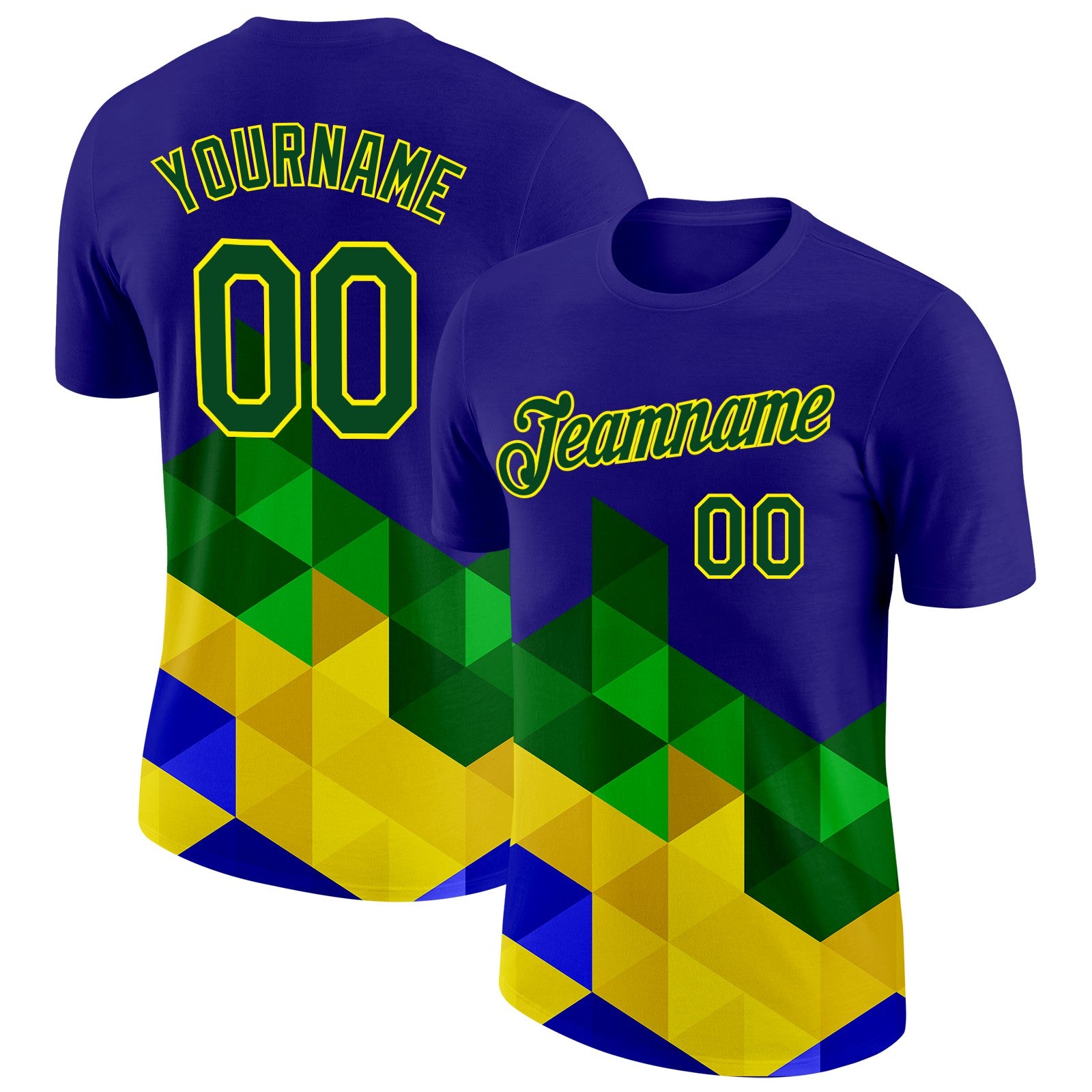 Custom Dark Purple Green-Light Yellow Brazil Triangle Geometric Shape Performance T-Shirt