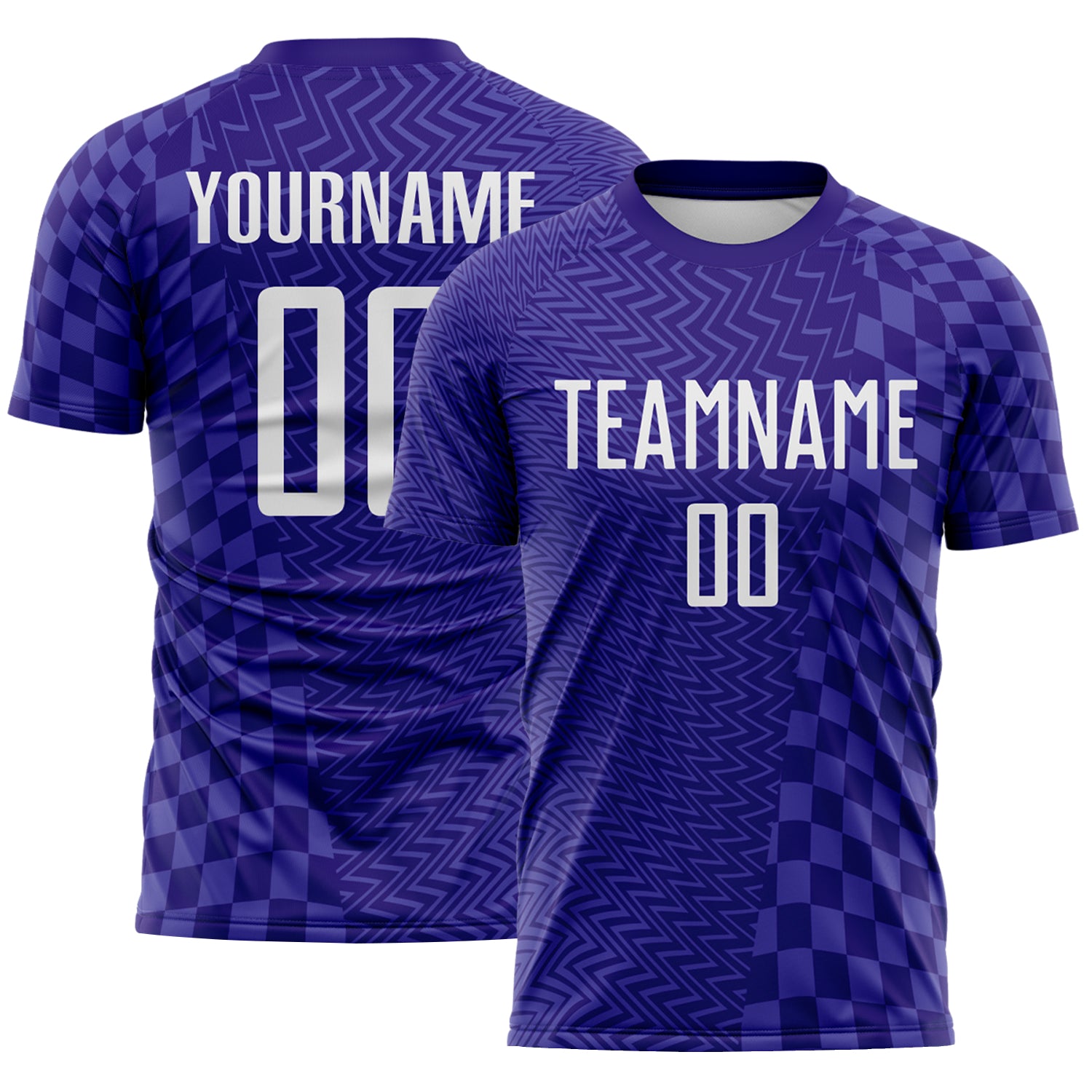 Custom Dark Purple-White Geometric Patchwork Asymmetry Checkered Zigzag Lines Sublimation Soccer Uniform Jersey