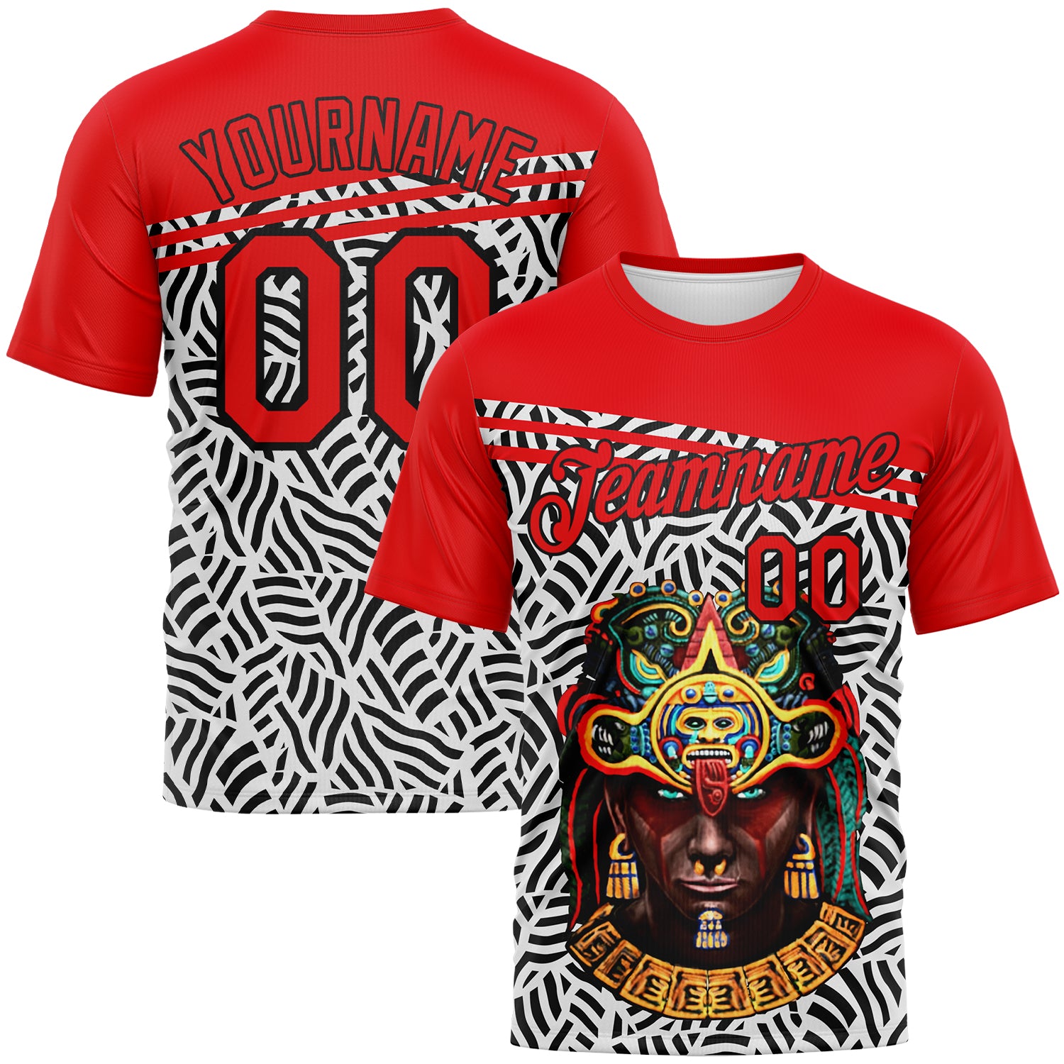Custom Fire Red Black-White 3D Pattern Azteca Performance T-Shirt
