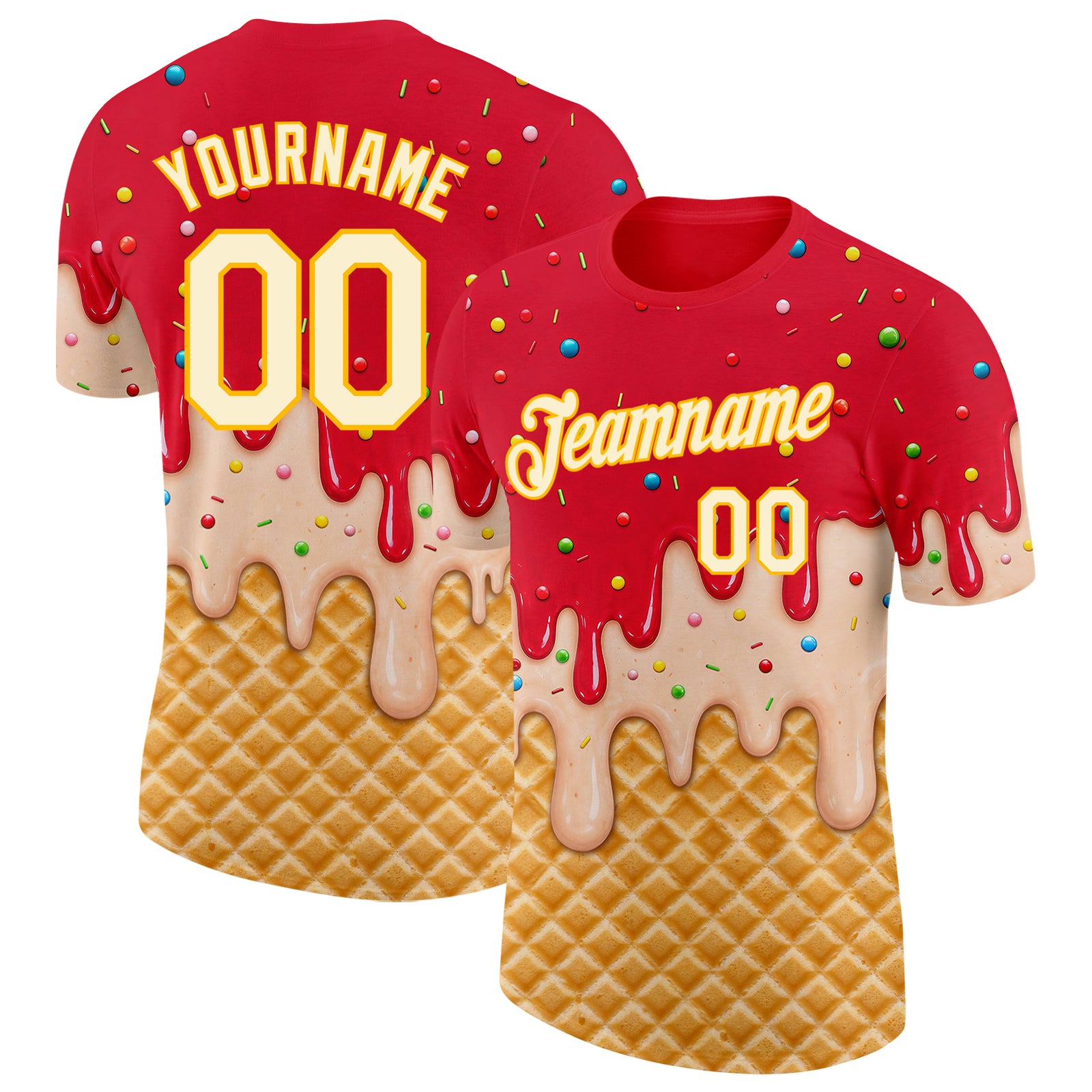Custom Fire Red Cream-Gold Ice Cream Waffle Foodie Dessert Performance T-Shirt
