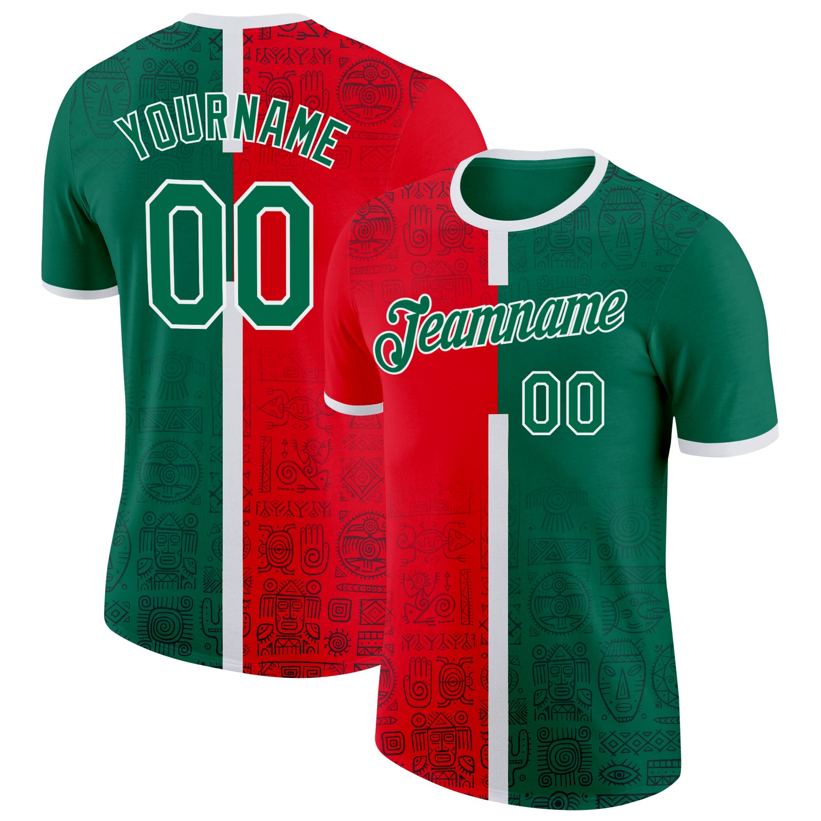 Custom Fire Red Kelly Green-White Mexico Tribal Performance T-Shirt