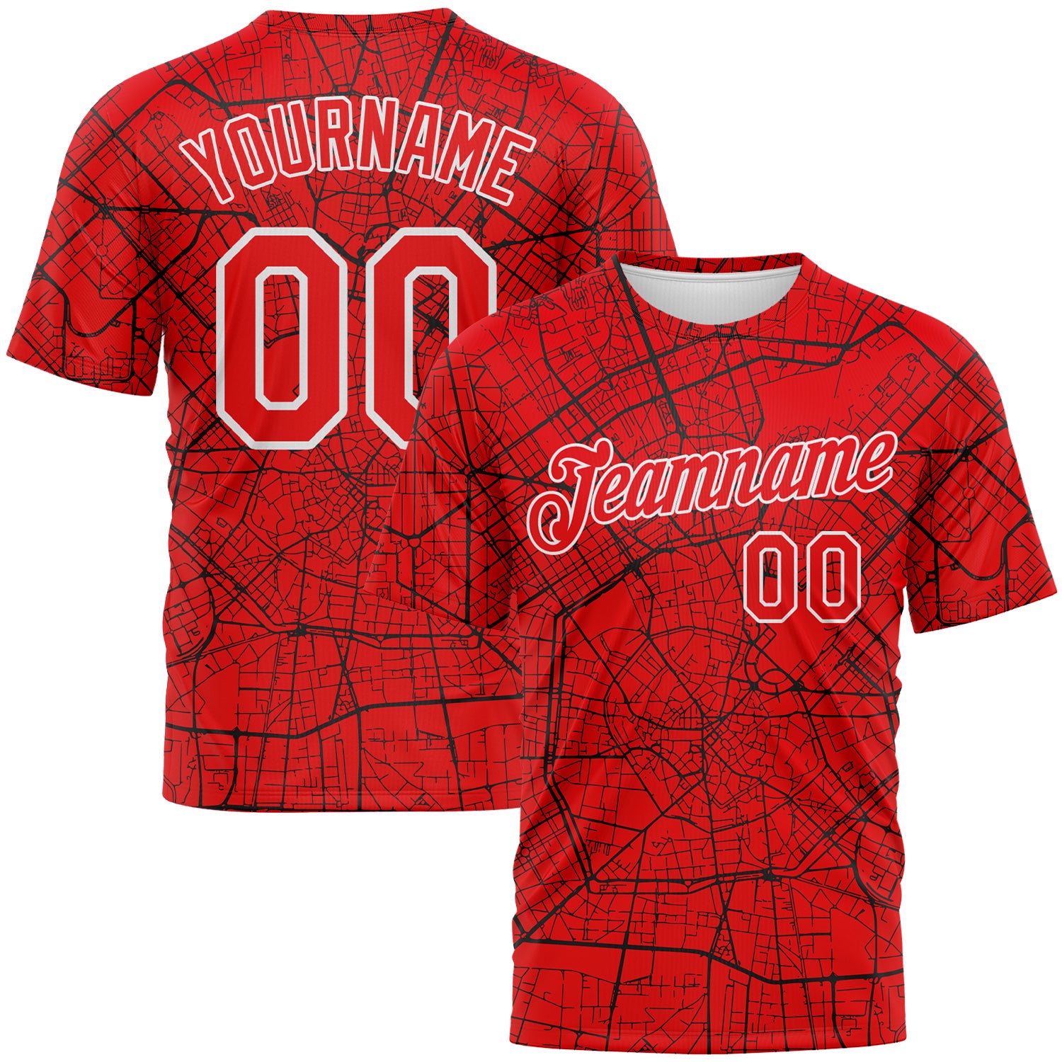 Custom Fire Red-White 3D Pattern City Street Map Urban Grid Performance T-Shirt