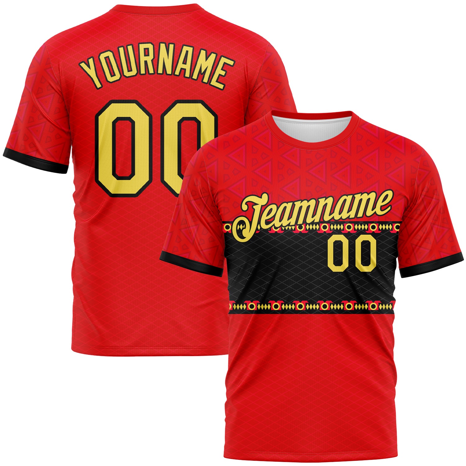 Custom Fire Red Yellow-Black 3D Pattern Geometric Tribal Motif Performance T-Shirt