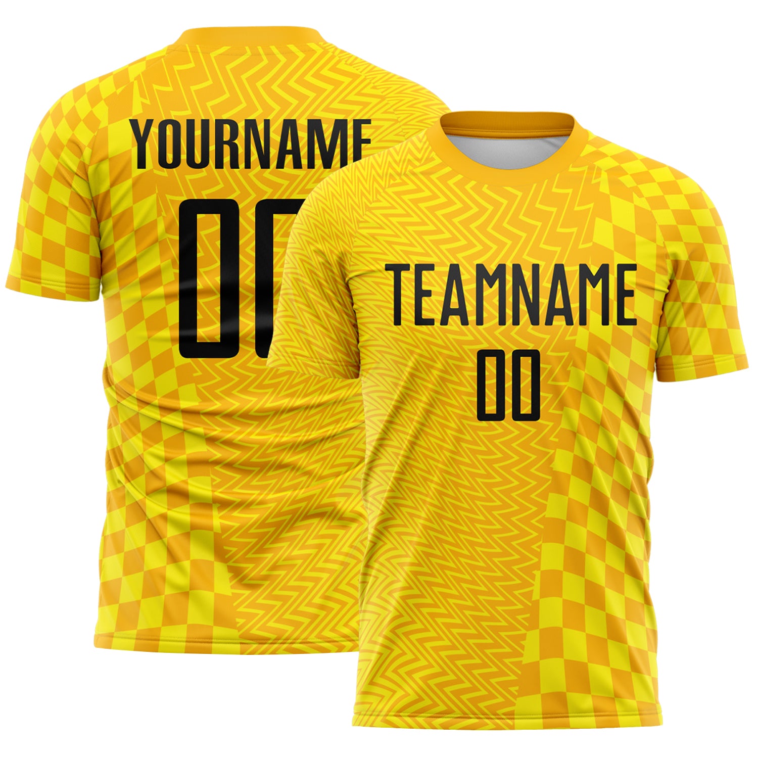 Custom Gold Black-Light Yellow Geometric Patchwork Asymmetry Checkered Zigzag Lines Sublimation Soccer Uniform Jersey