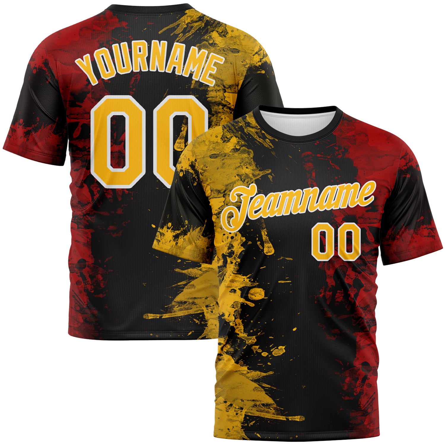 Custom Gold Black Red-White 3D Pattern Ink Splash Duotono Style Performance T-Shirt