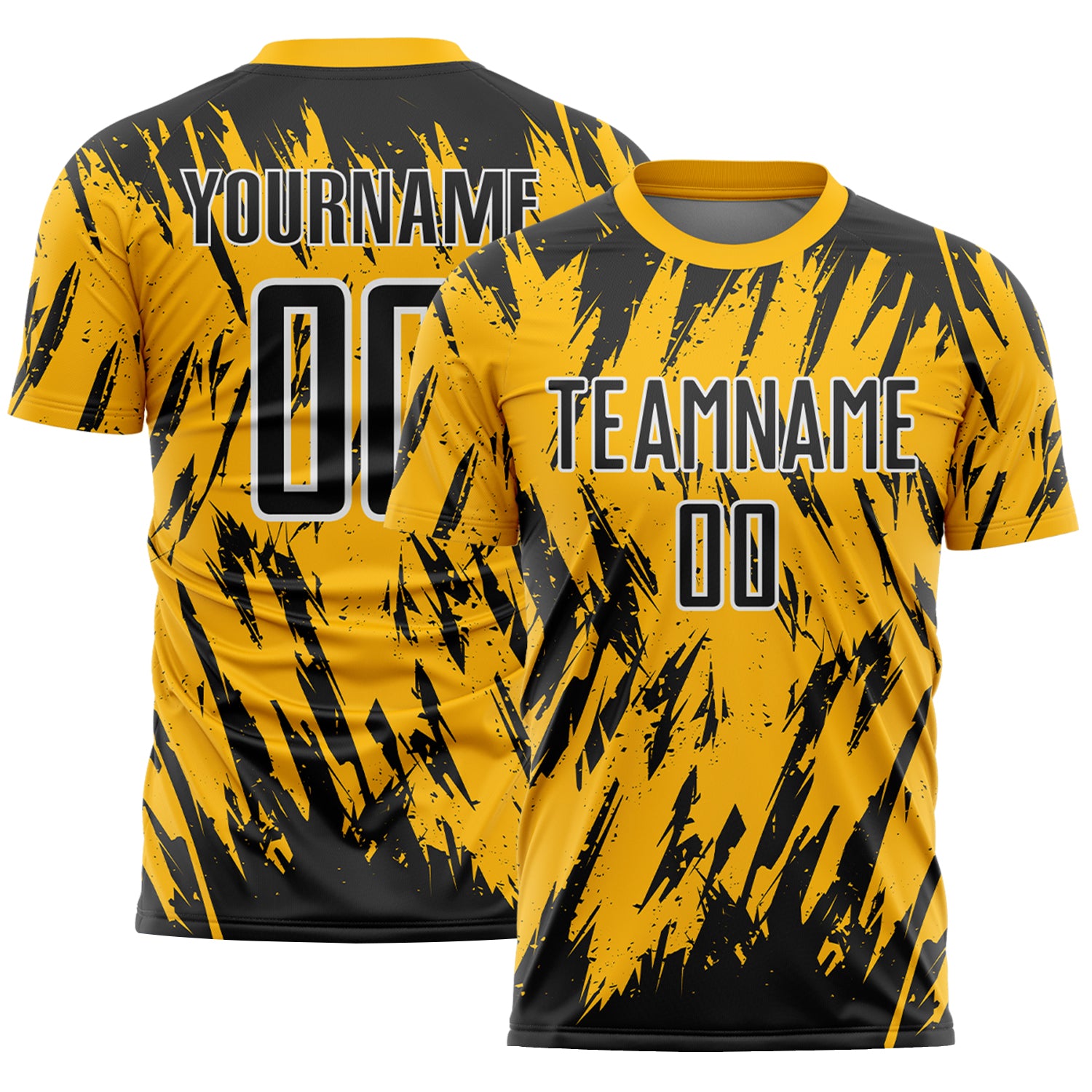 Custom Gold Black-White Splatter Torn Sharp Brush Stroke Sublimation Soccer Uniform Jersey