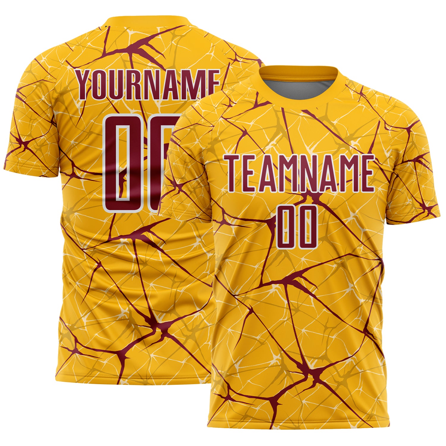Custom Gold Crimson-White Abstract Network Crackle Sublimation Soccer Uniform Jersey