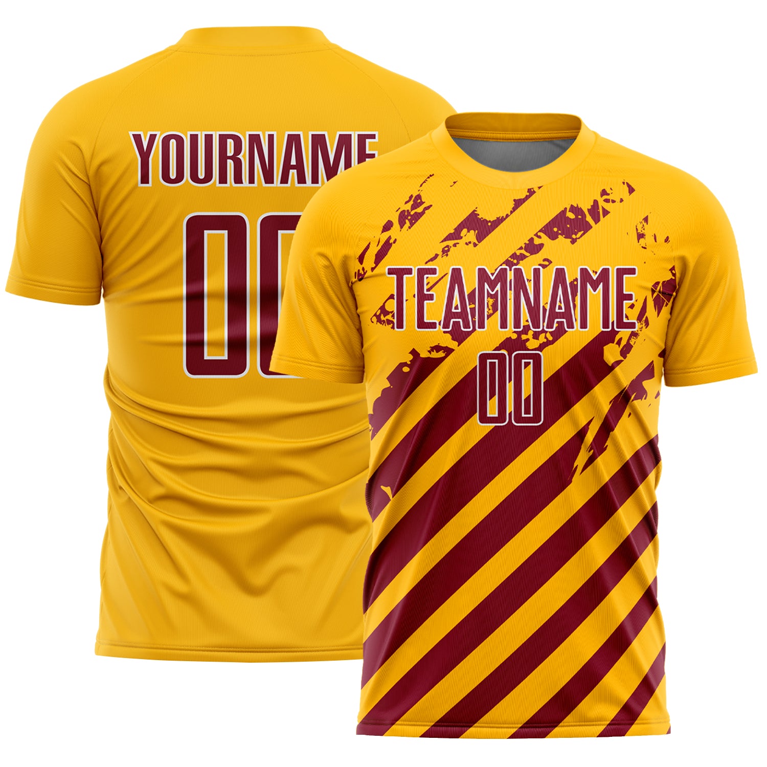 Custom Gold Crimson-White Distressed Diagonal Stripe Pattern Sports Sublimation Soccer Uniform Jersey