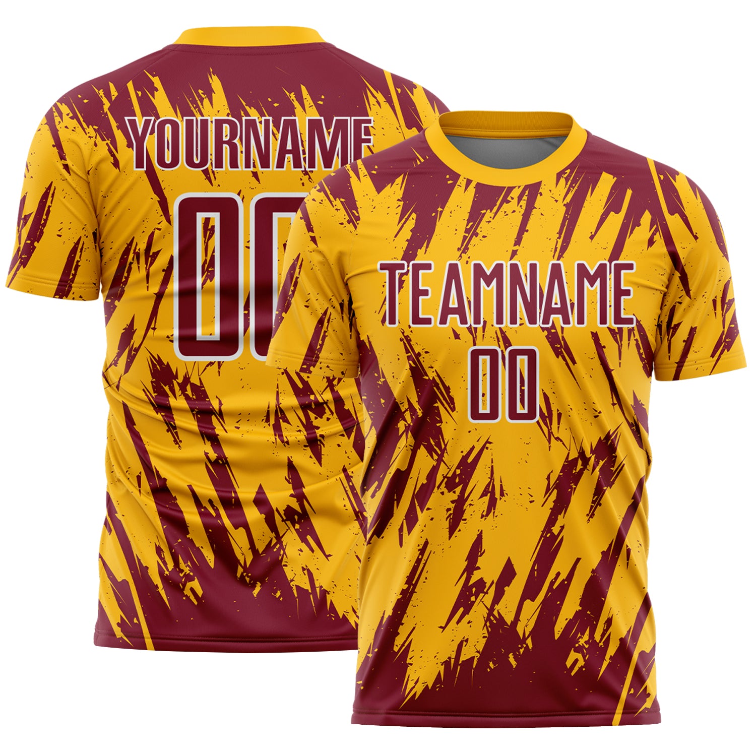 Custom Gold Crimson-White Splatter Torn Sharp Brush Stroke Sublimation Soccer Uniform Jersey