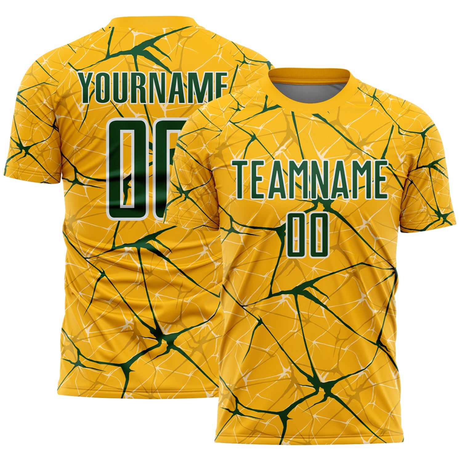 Custom Gold Green-White Abstract Network Crackle Sublimation Soccer Uniform Jersey