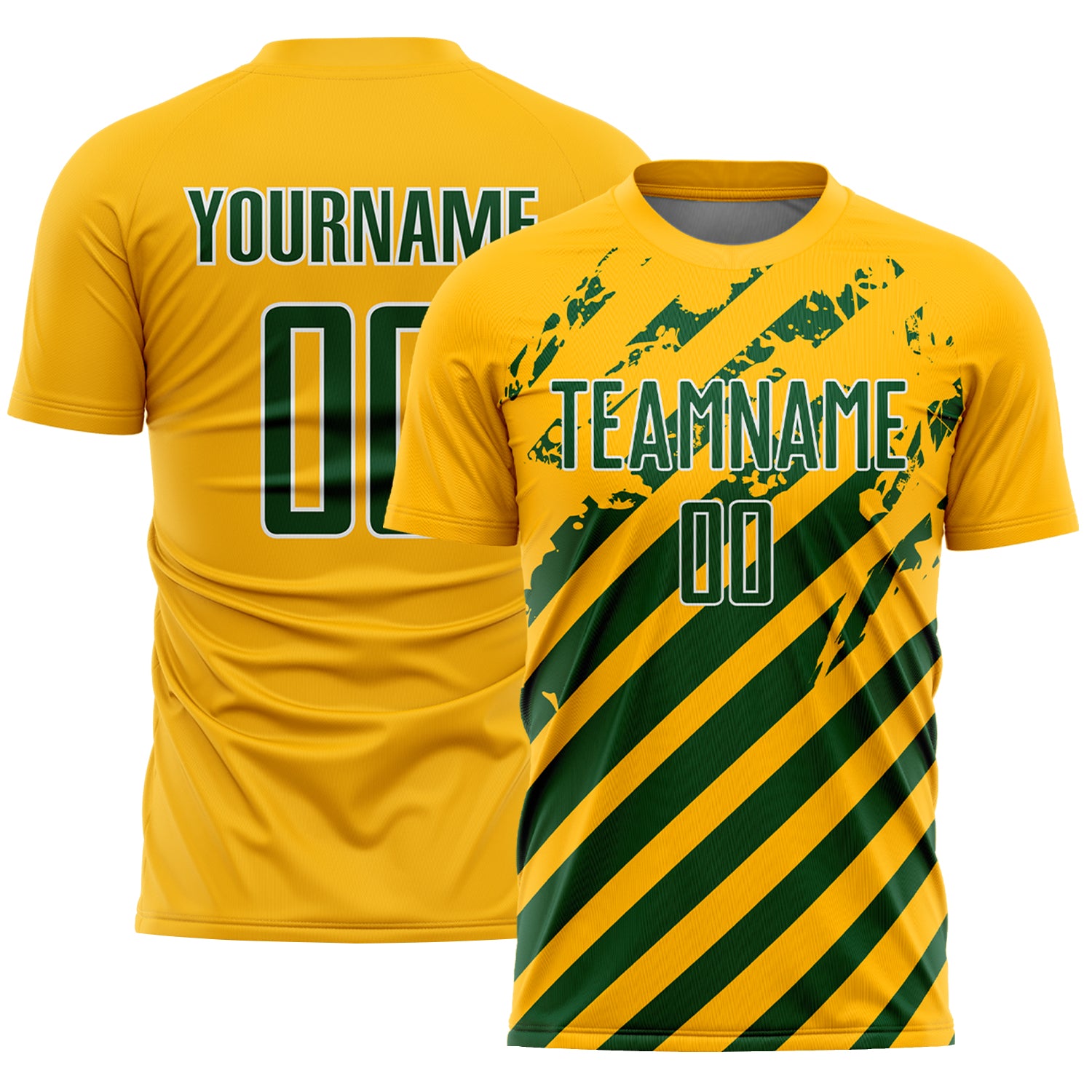 Custom Gold Green-White Distressed Diagonal Stripe Pattern Sports Sublimation Soccer Uniform Jersey