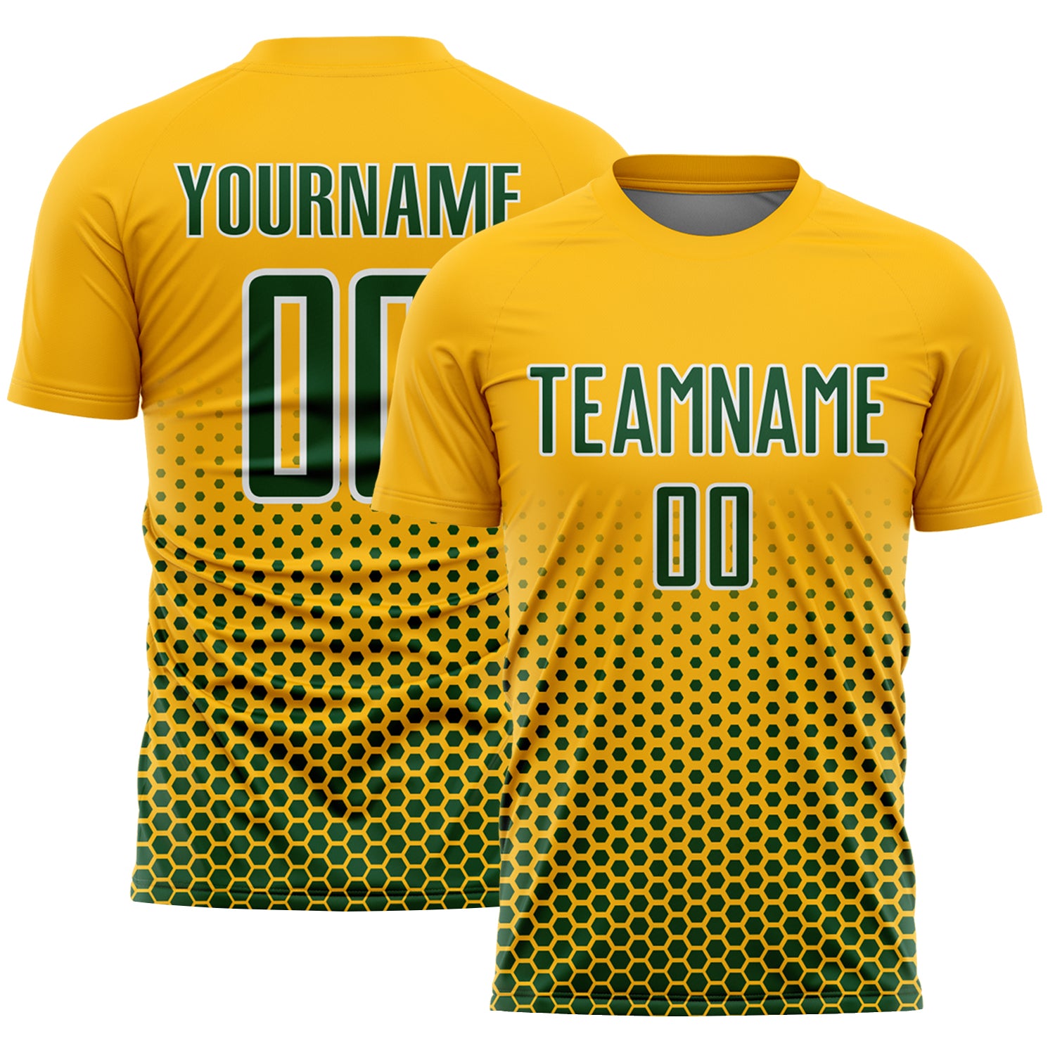 Custom Gold Green-White Geometric Hexagonal Dot Gradient Sublimation Soccer Uniform Jersey