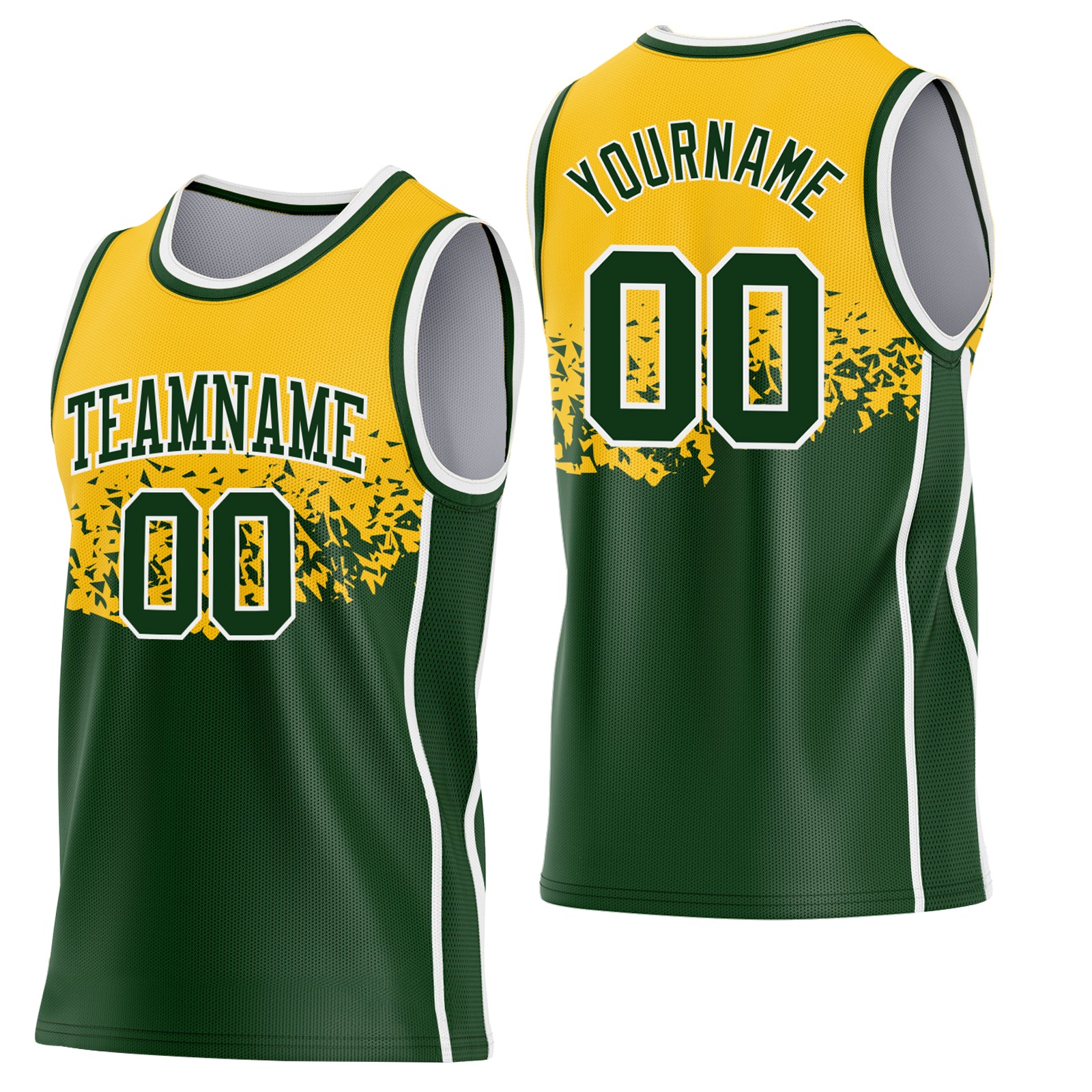 Custom Gold Green-White Shattered Geometric Side Panel Stripe Round Neck Sublimation Basketball Set Jersey