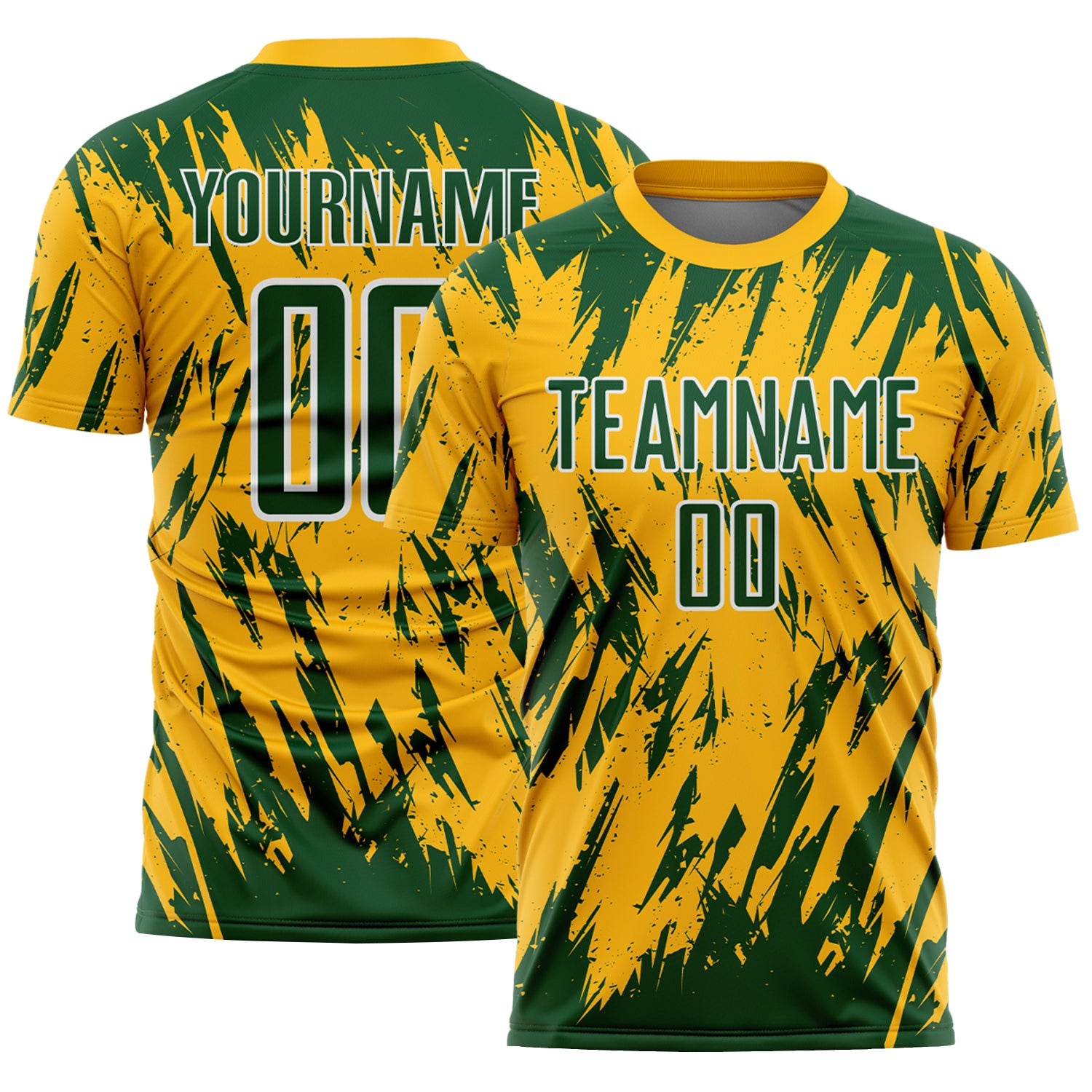 Custom Gold Green-White Splatter Torn Sharp Brush Stroke Sublimation Soccer Uniform Jersey