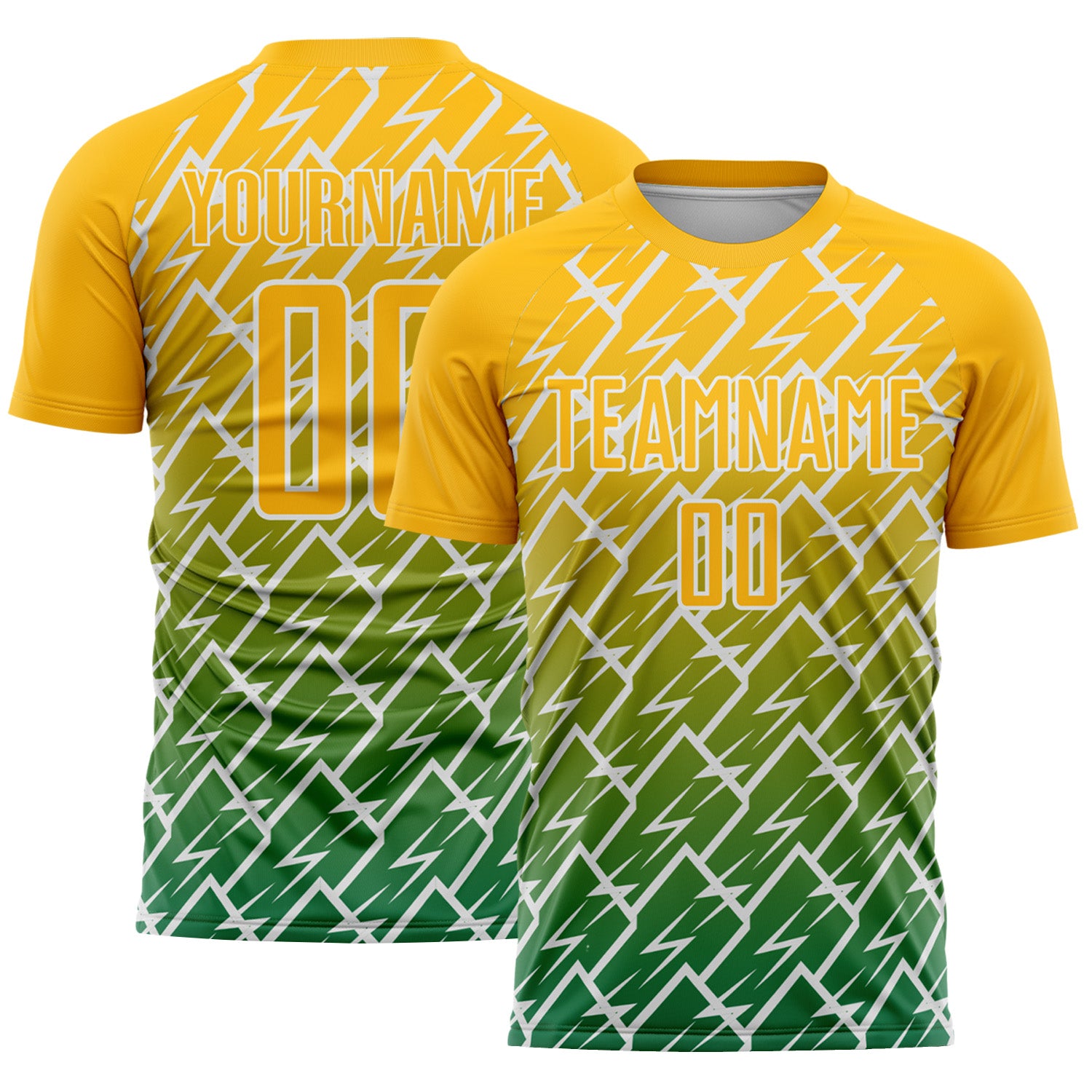 Custom Gold Kelly Green-White Lightning Sports Sublimation Soccer Uniform Jersey
