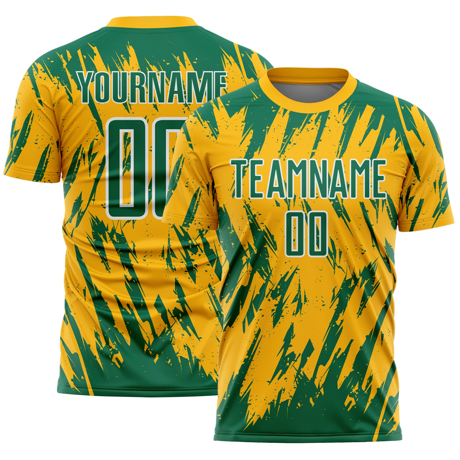 Custom Gold Kelly Green-White Splatter Torn Sharp Brush Stroke Sublimation Soccer Uniform Jersey