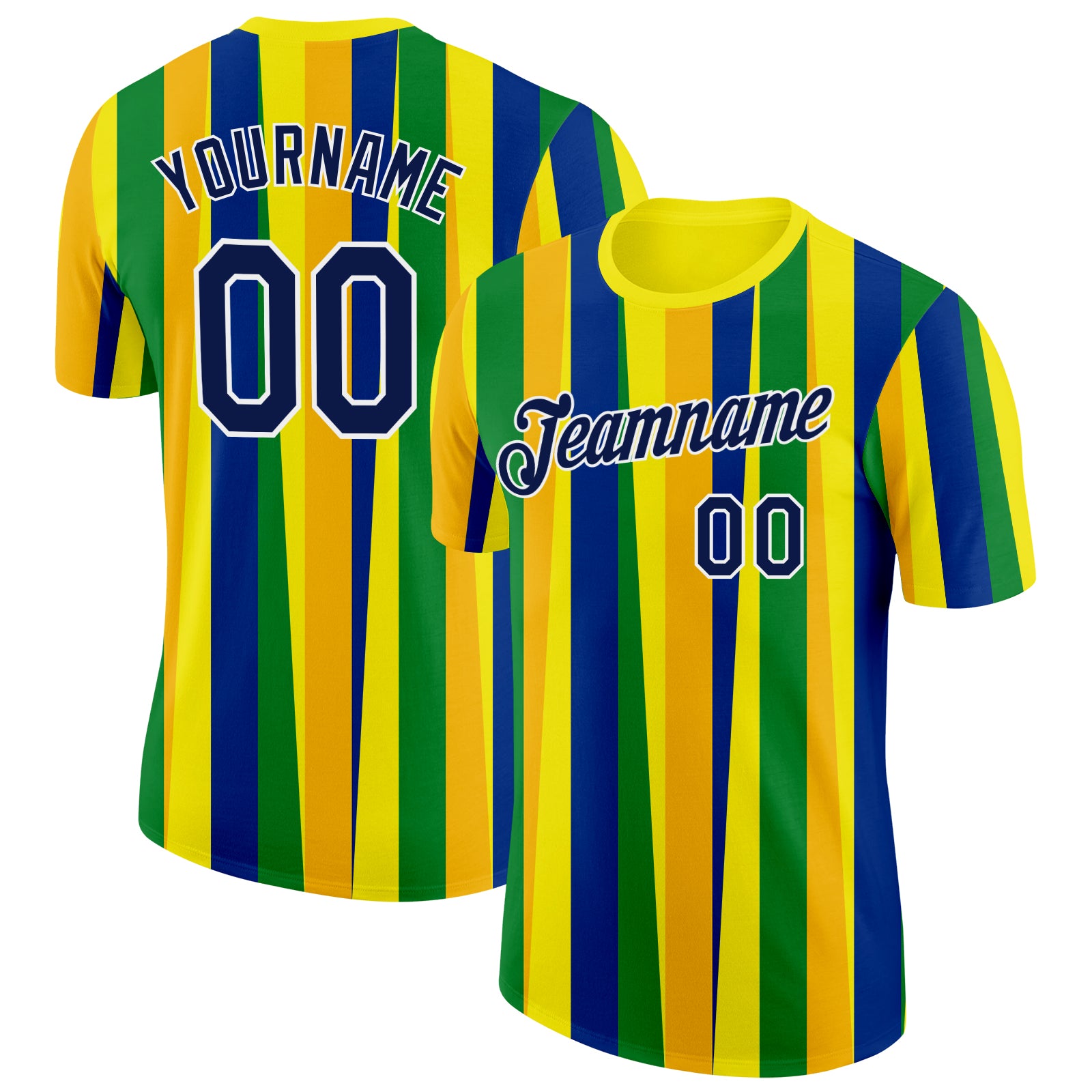 Custom Gold Navy Blue Green-White Brazil Stripe Performance T-Shirt