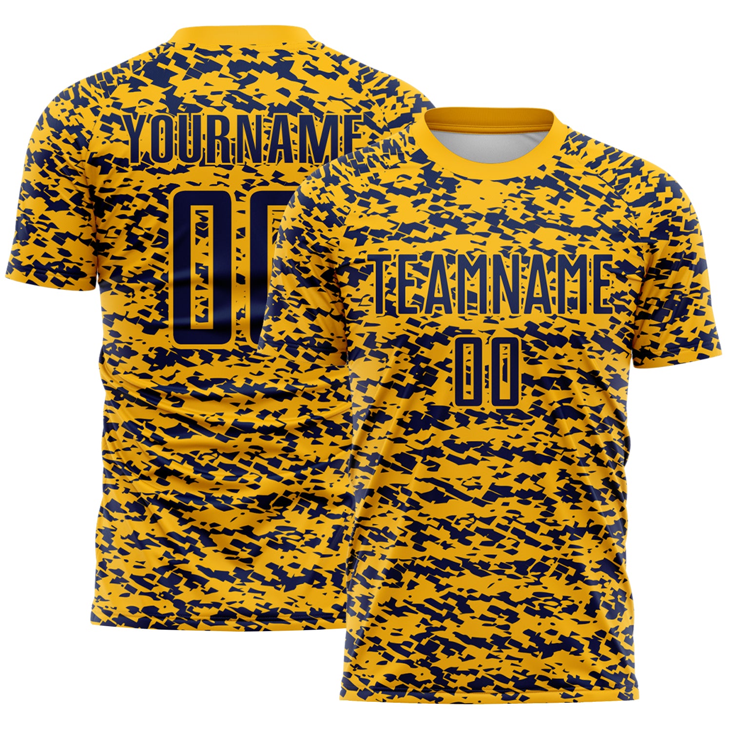 Custom Gold-Navy Geometric Fragment Splatter Sublimation Soccer Uniform Jersey