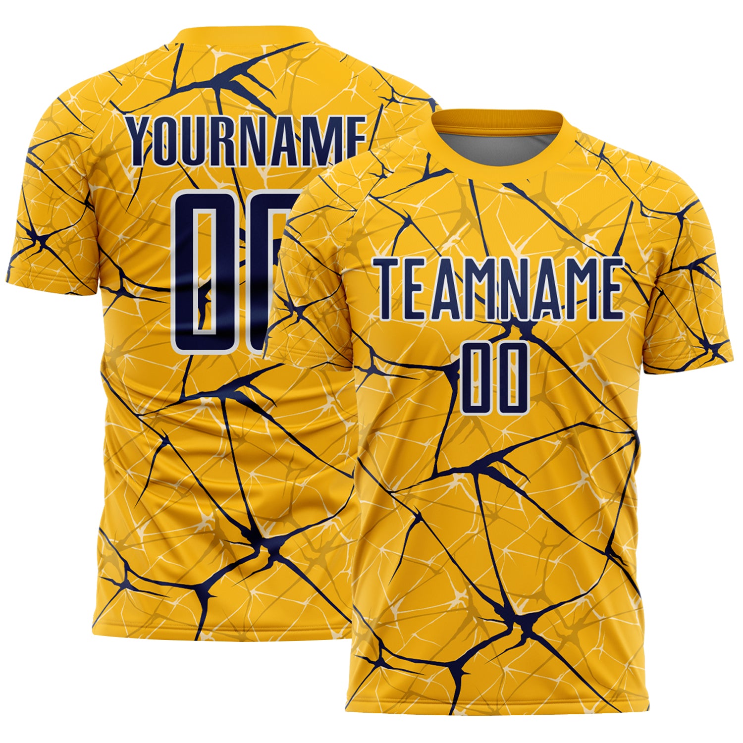 Custom Gold Navy-White Abstract Network Crackle Sublimation Soccer Uniform Jersey