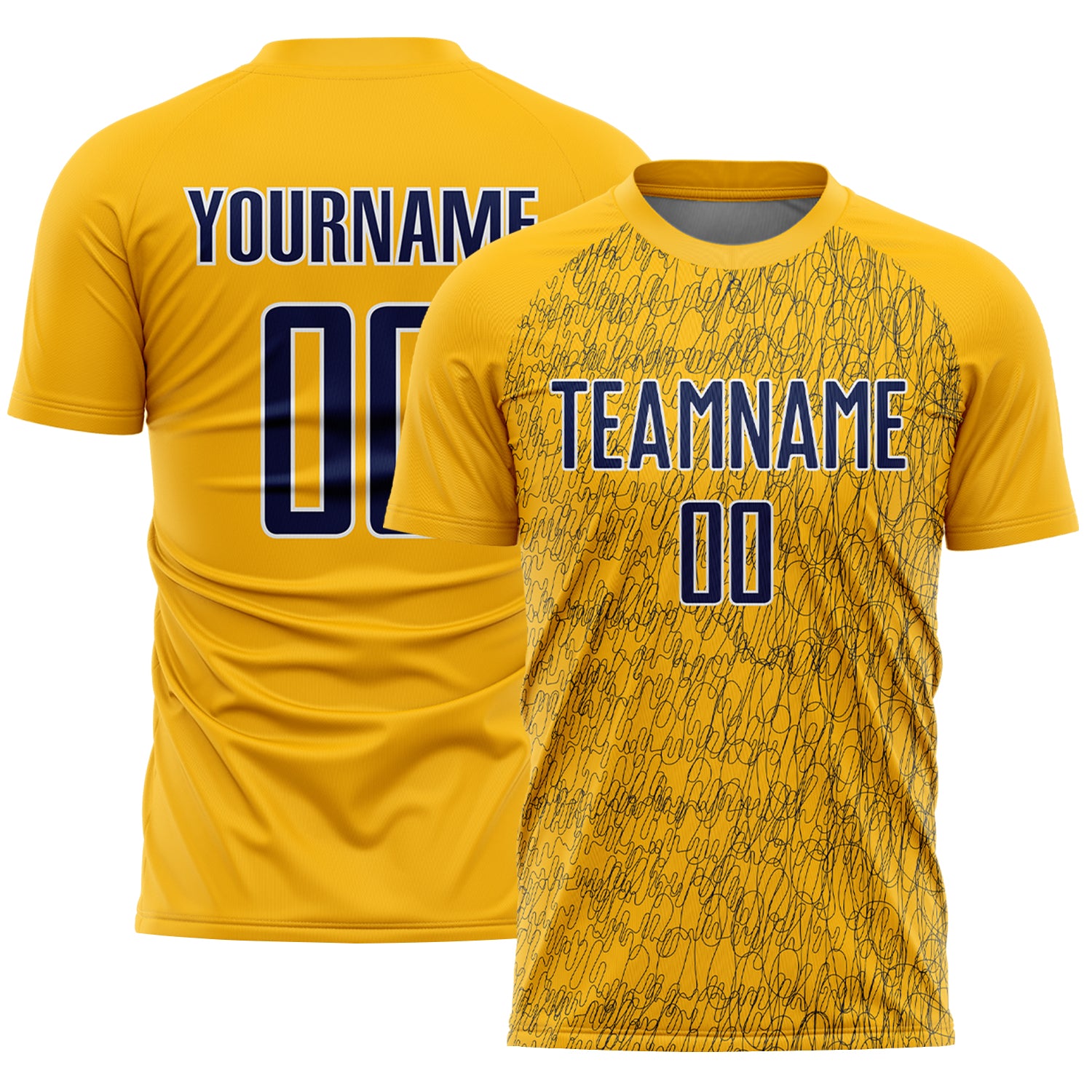 Custom Gold Navy-White Abstract Scribble Curve Line Pattern Sports Sublimation Soccer Uniform Jersey