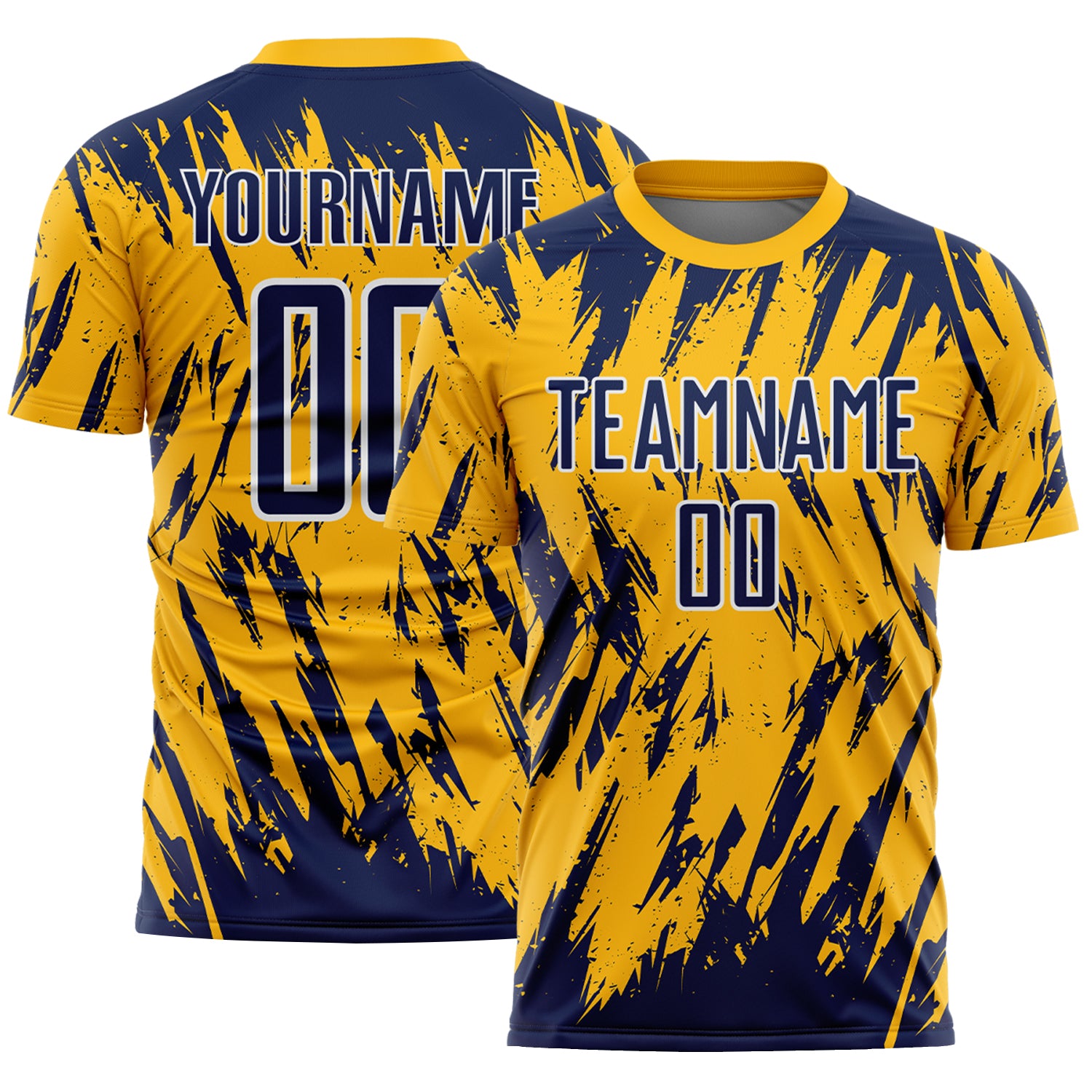 Custom Gold Navy-White Splatter Torn Sharp Brush Stroke Sublimation Soccer Uniform Jersey