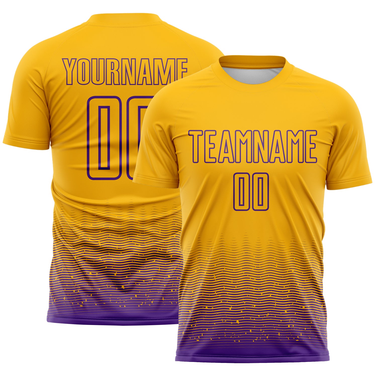 Custom Gold-Purple Fade Wave Lines Splatter Sublimation Soccer Uniform Jersey