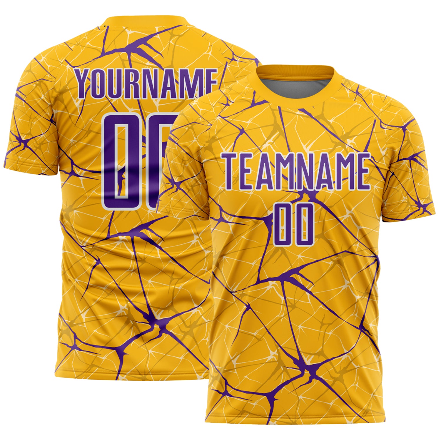Custom Gold Purple-White Abstract Network Crackle Sublimation Soccer Uniform Jersey