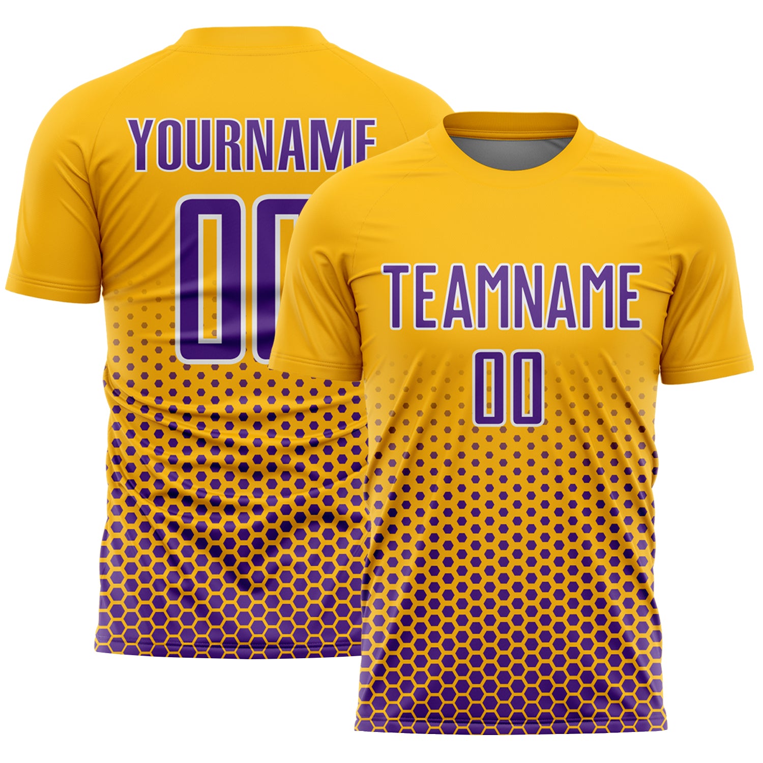 Custom Gold Purple-White Geometric Hexagonal Dot Gradient Sublimation Soccer Uniform Jersey