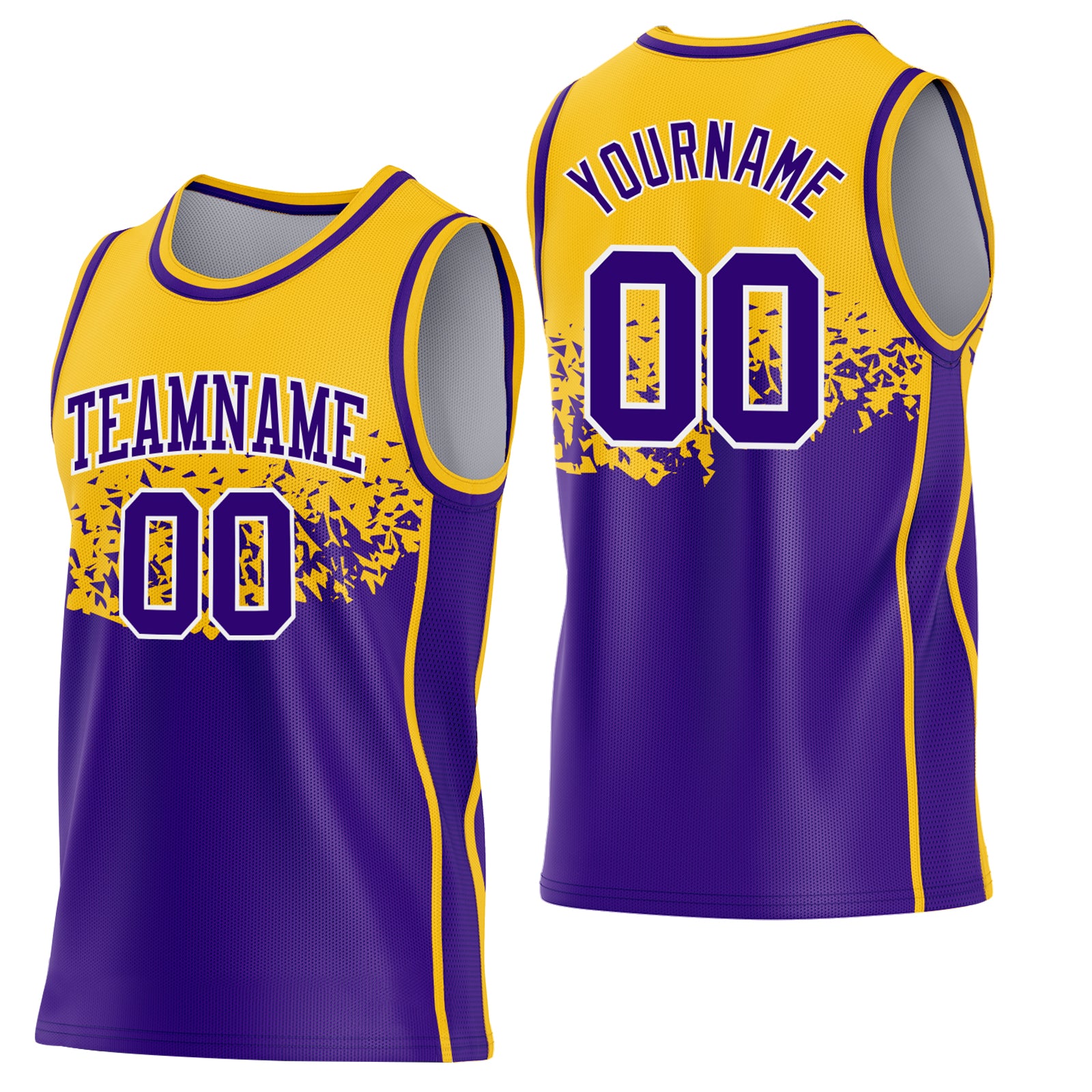 Custom Gold Purple-White Shattered Geometric Side Panel Stripe Round Neck Sublimation Basketball Set Jersey