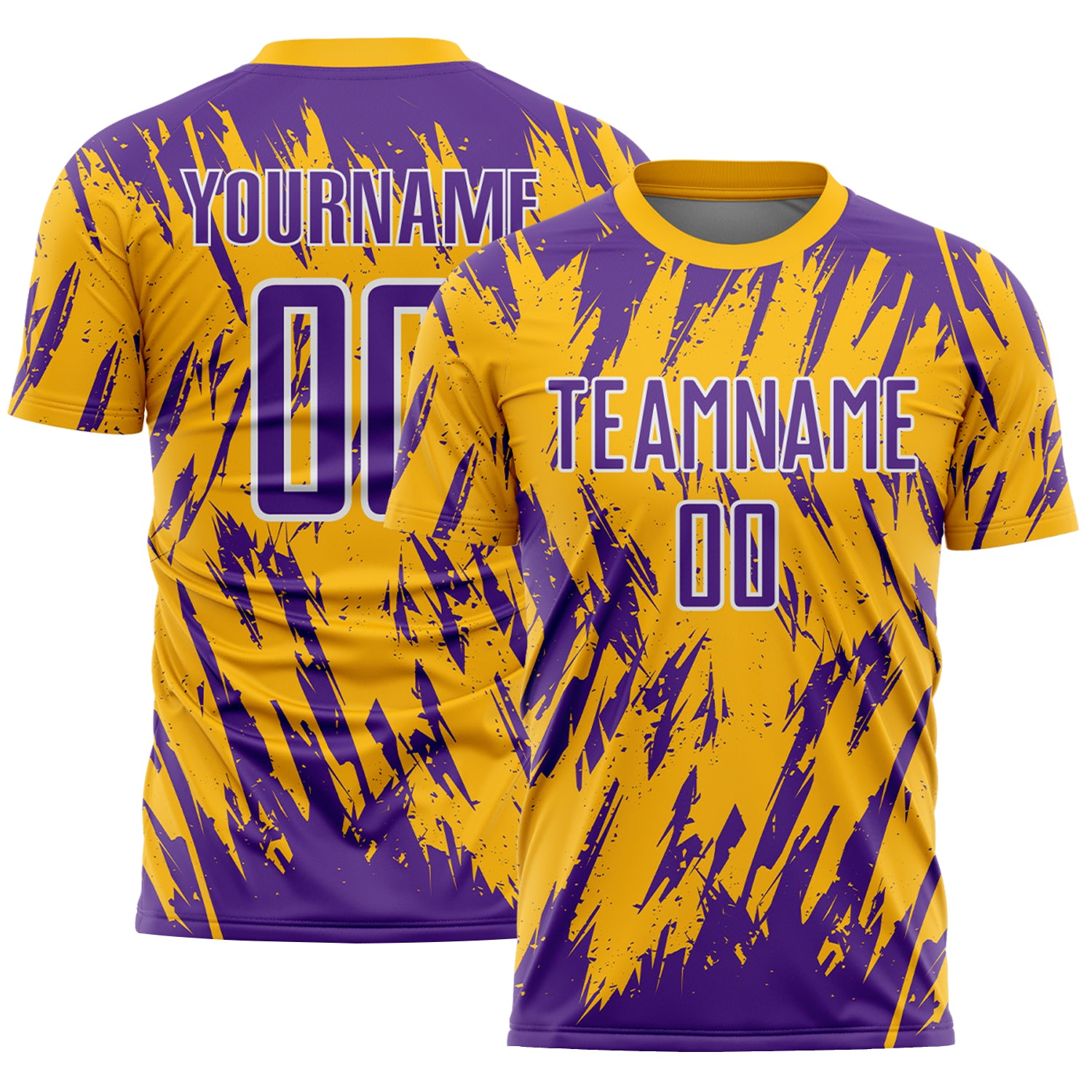 Custom Gold Purple-White Splatter Torn Sharp Brush Stroke Sublimation Soccer Uniform Jersey