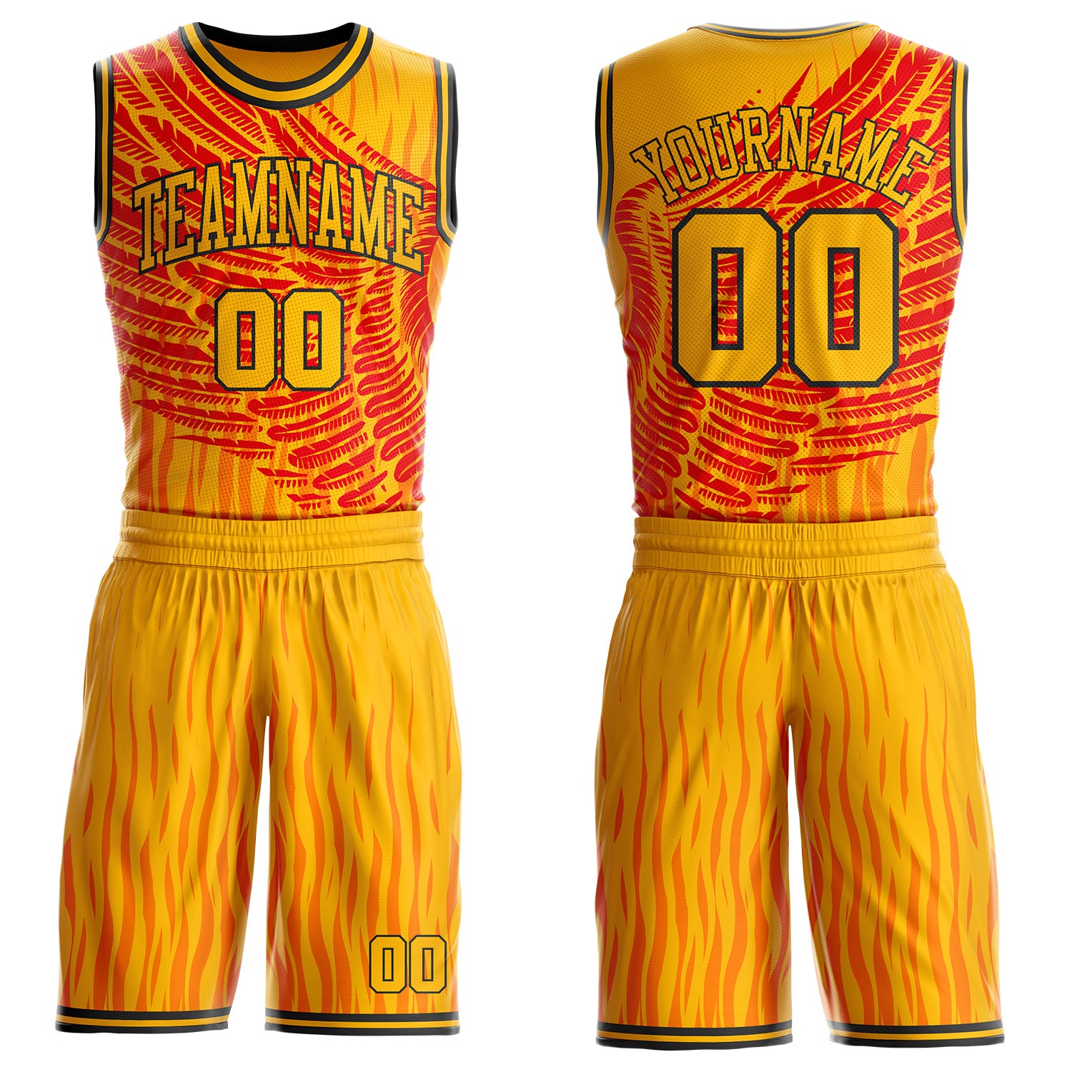 Custom Gold Red-Black Fire Wing Boho Style Round Neck Sublimation Basketball Uniform Jersey