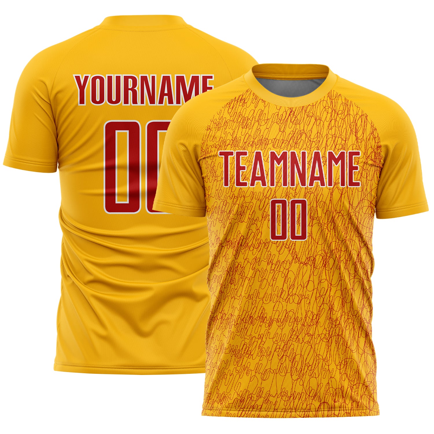 Custom Gold Red-White Abstract Scribble Curve Line Pattern Sports Sublimation Soccer Uniform Jersey