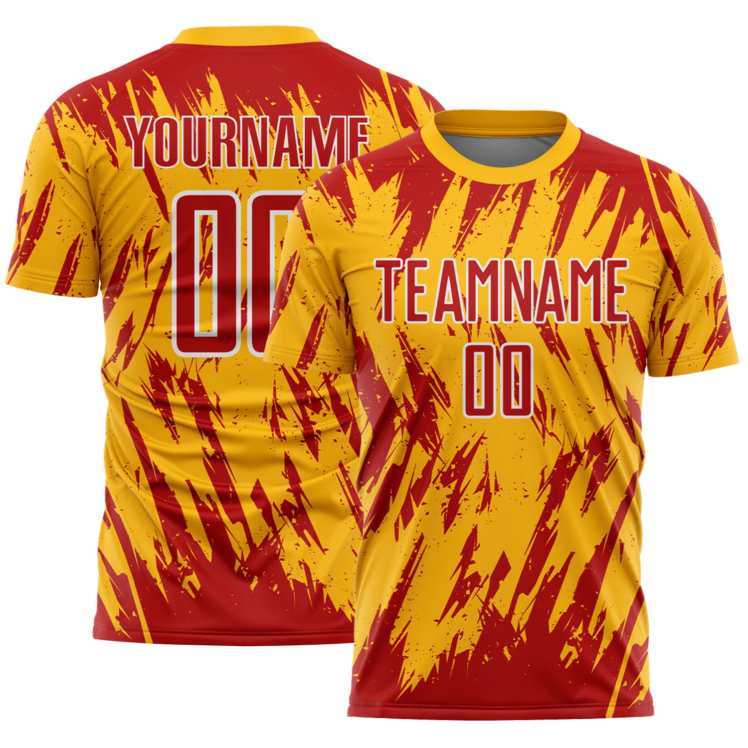 Custom Gold Red-White Splatter Torn Sharp Brush Stroke Sublimation Soccer Uniform Jersey