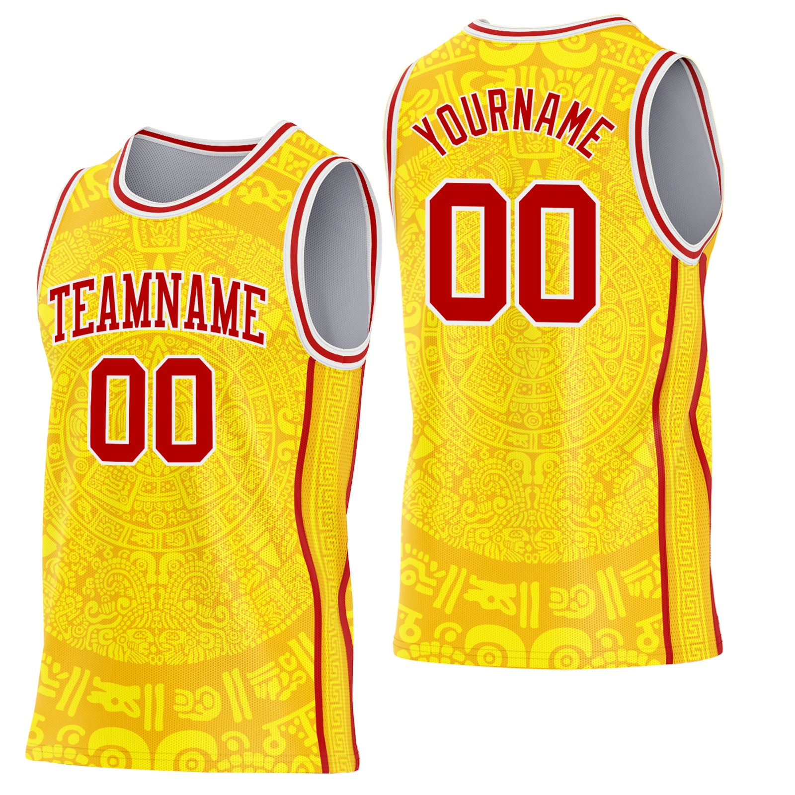 Custom Gold Red-White Tribal Ethnic Aztec Sun Stone Side Panel Stripe Round Neck Sublimation Basketball Set Jersey
