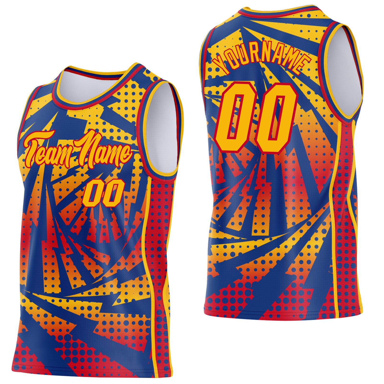 Custom Gold Royal-Red Lightning Gradient Dot Side Panel Stripe Round Neck Sublimation Basketball Set Jersey